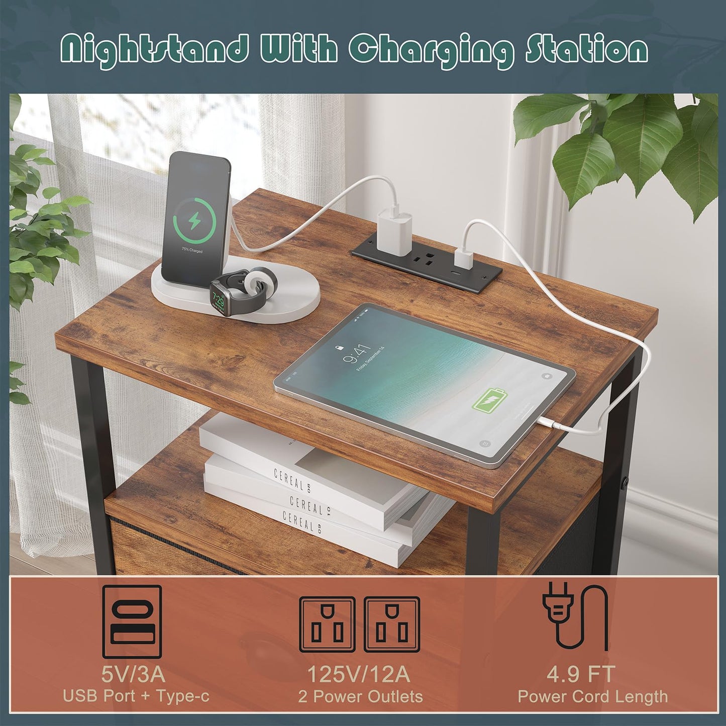 sthmec Nightstand with Charging Station,LED Nightstand with 4 Fabric Drawers, Bedside End Tables, 2-Tier Open Storage Shelf Side Table Nightstand with Drawers for Bedroom,Rustic Brown