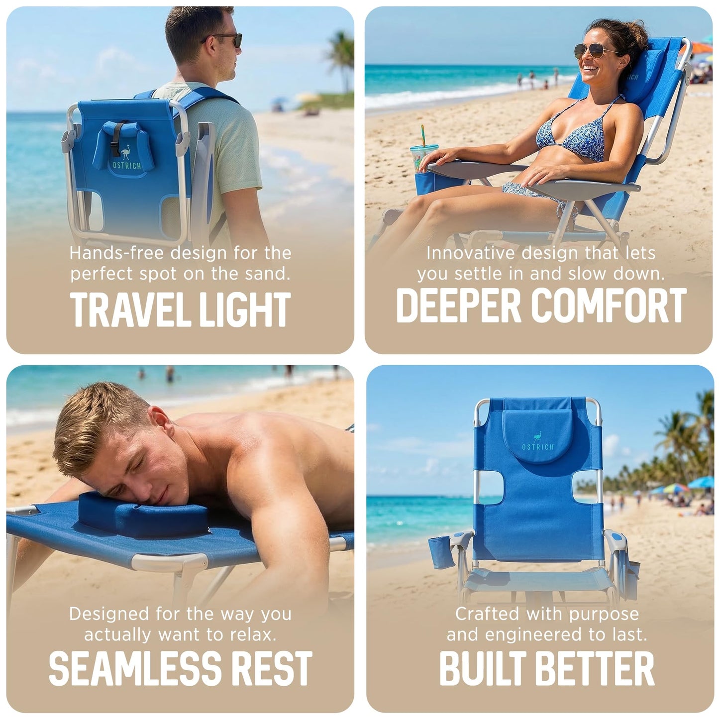 Ostrich the Backpack 3N1 Portable Chair with Cooler Bag and Reclining Lounger for Tanning, Camping, Beach, and Outdoor Essential, Blue