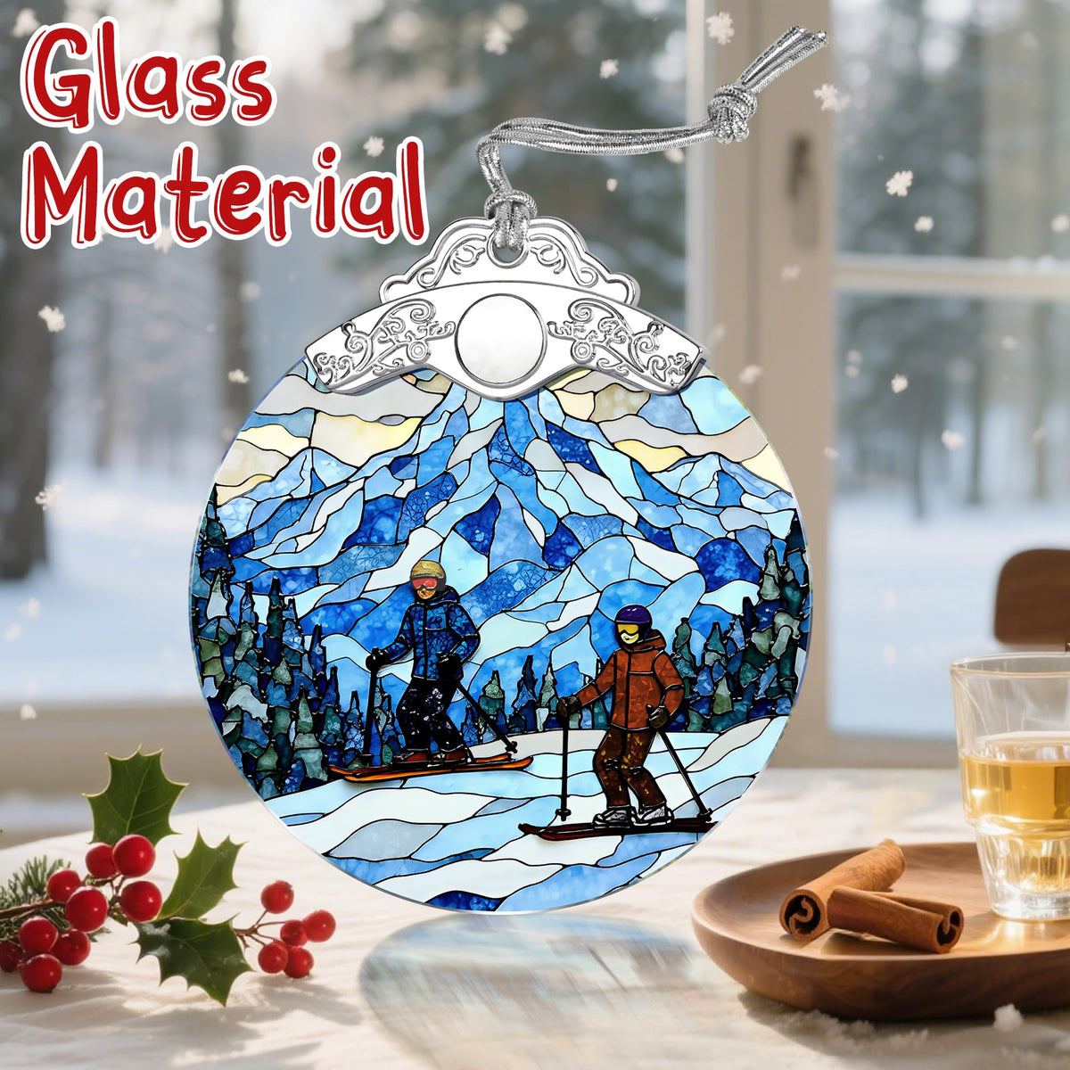 Stained Glass Skiing Christmas Ornament: Christmas Tree Ornaments & Decor, Holiday Decor – Holiday Presents, Gift Ideas & Gifts for Friends, Coworker, and Family