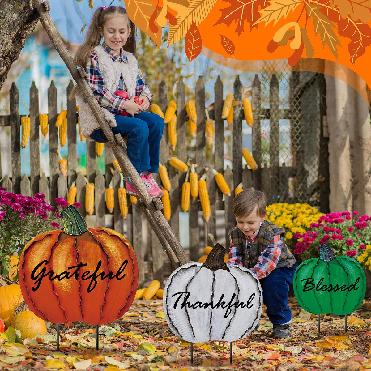 MorningRo 3 Pcs Thanksgiving Fall Yard Signs Outdoor Metal Pumpkin Decorative Garden Stakes, 28''+26''+24'' H Waterproof Pumpkin Yard Decoration for Outside Porch Patio Lawn Autumn Harvest Halloween