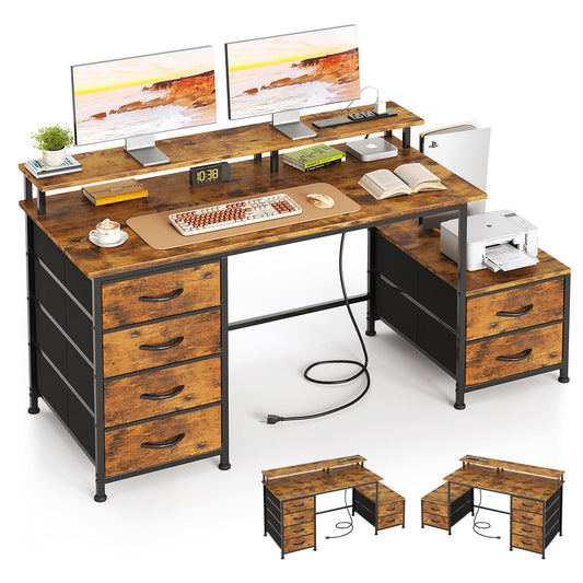 Flrrtenv 52 Inch Office Desk with 6 Drawers and Printer Space for Storage, Reversible Computer Desk with Monitor Stand & Power Outlets, Home Office Desks, Vintage