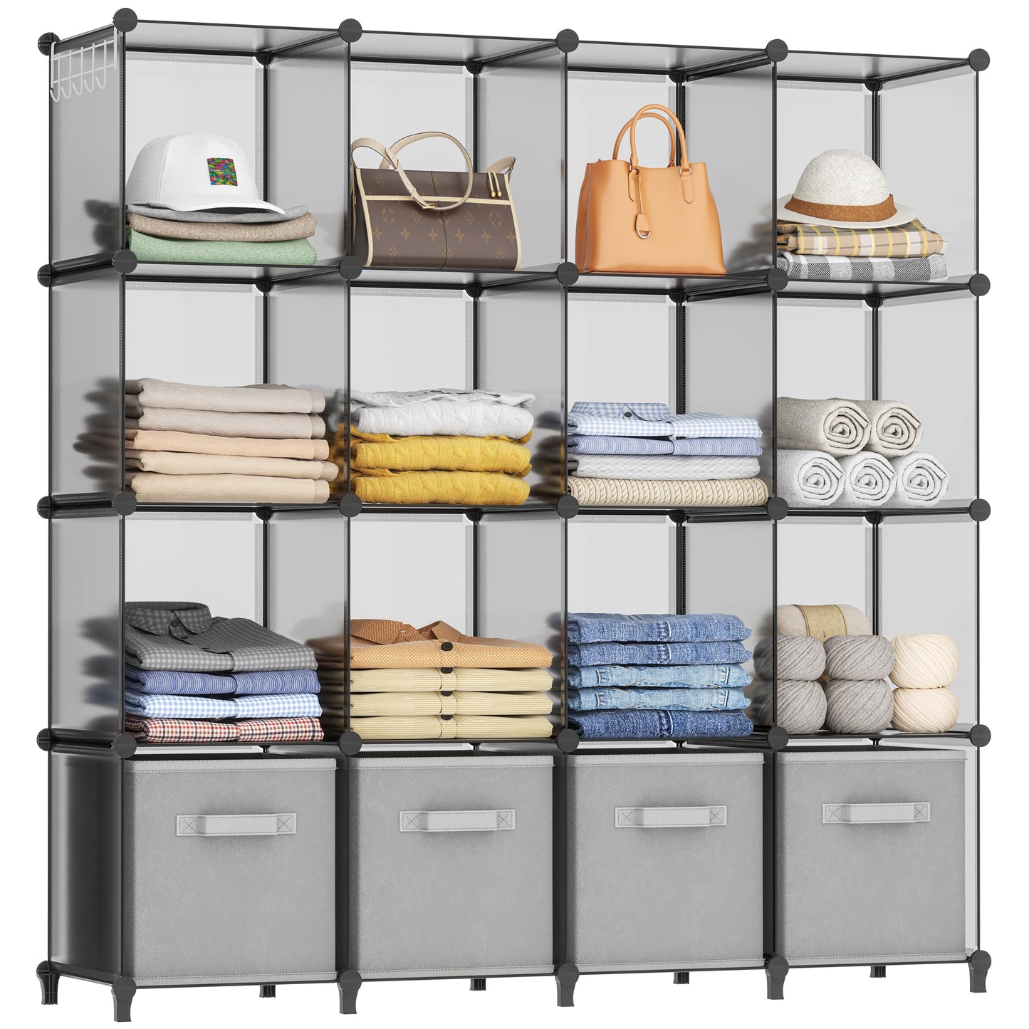 HOMIDEC Closet Organizers and Storage, 16 Cube Storage Organizer, Portable Closet Organizer Cubes Shelves for Clothes, Bedroom, Wardrobe, Kids Room, Bathroom, Grey