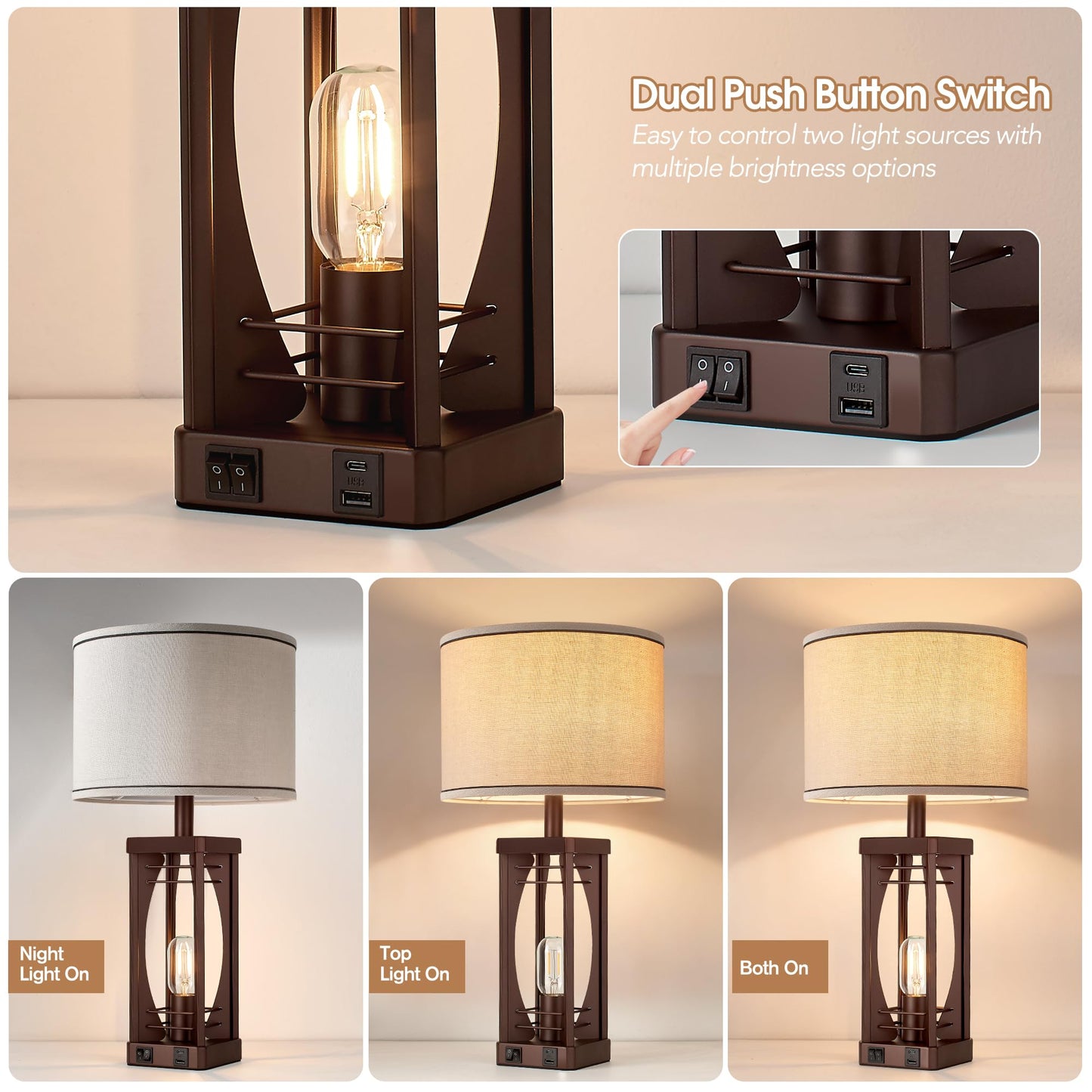 SRJJA Farmhouse Table Lamps Set of 2 for Living Room, Rustic Bedside Nightstand Lamps with USB A+C Charging Ports, 22.5" Dual Light Industrial Table Lamp with Linen Shade for Bedroom End Tables