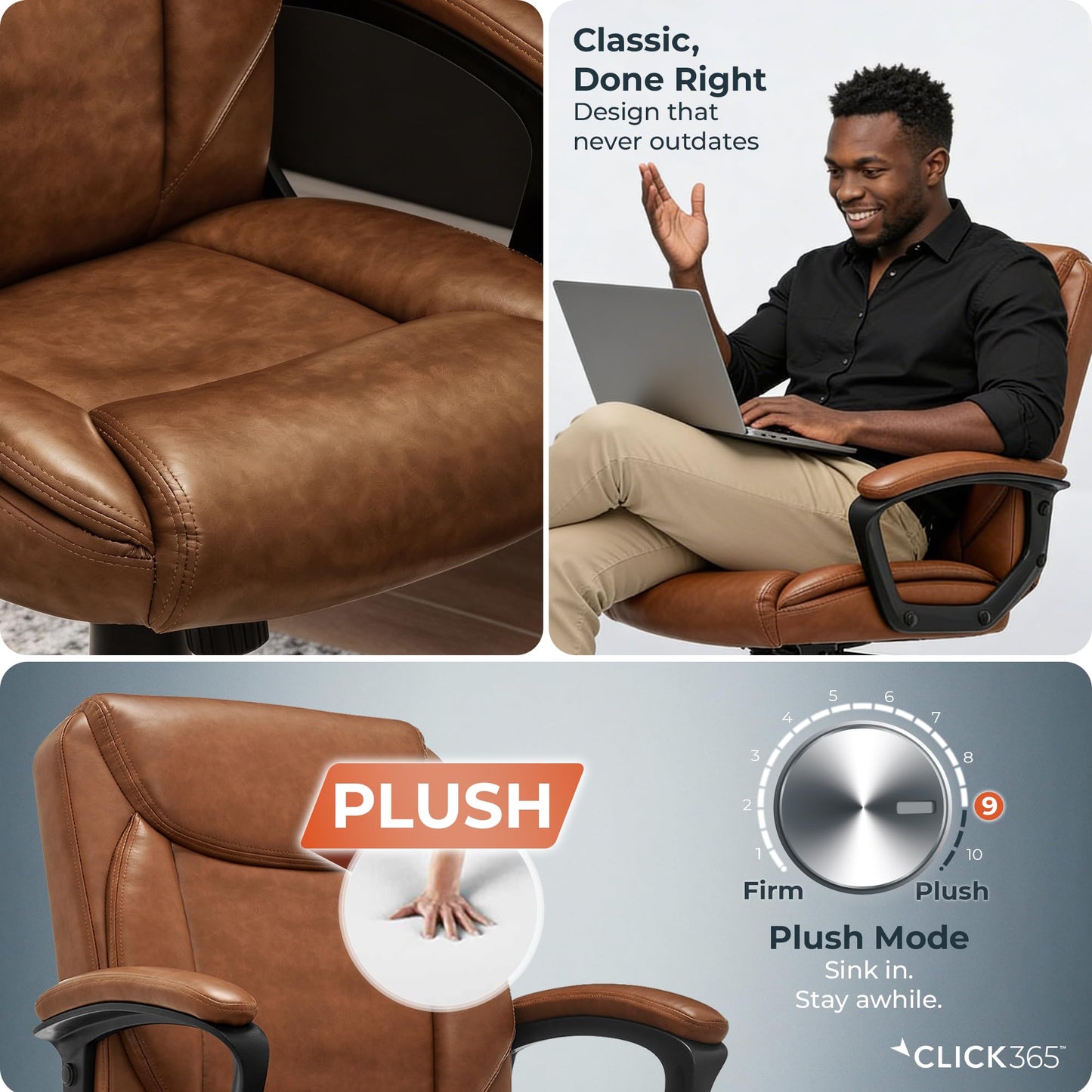 Click365 Transform 1.0 Ergonomic Office Chair, Mid Back Desk Chair with Padded Arms, Lumbar Support, Adjustable Height, Tilt Recline, Swivel Computer Chair, Bonded Leather, Cognac