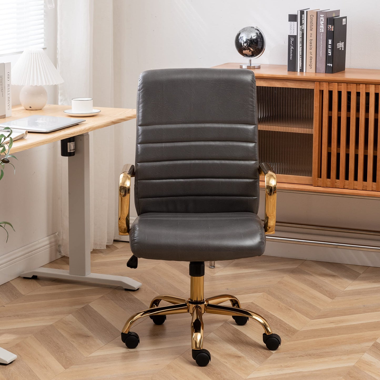 BTEXPERT Gray Faux Leather Adjustable Home Office Golden Arms Exectuive Chair High Back Manager Desk Armchair Tilt Lumbar Support, Grey (5162GY)