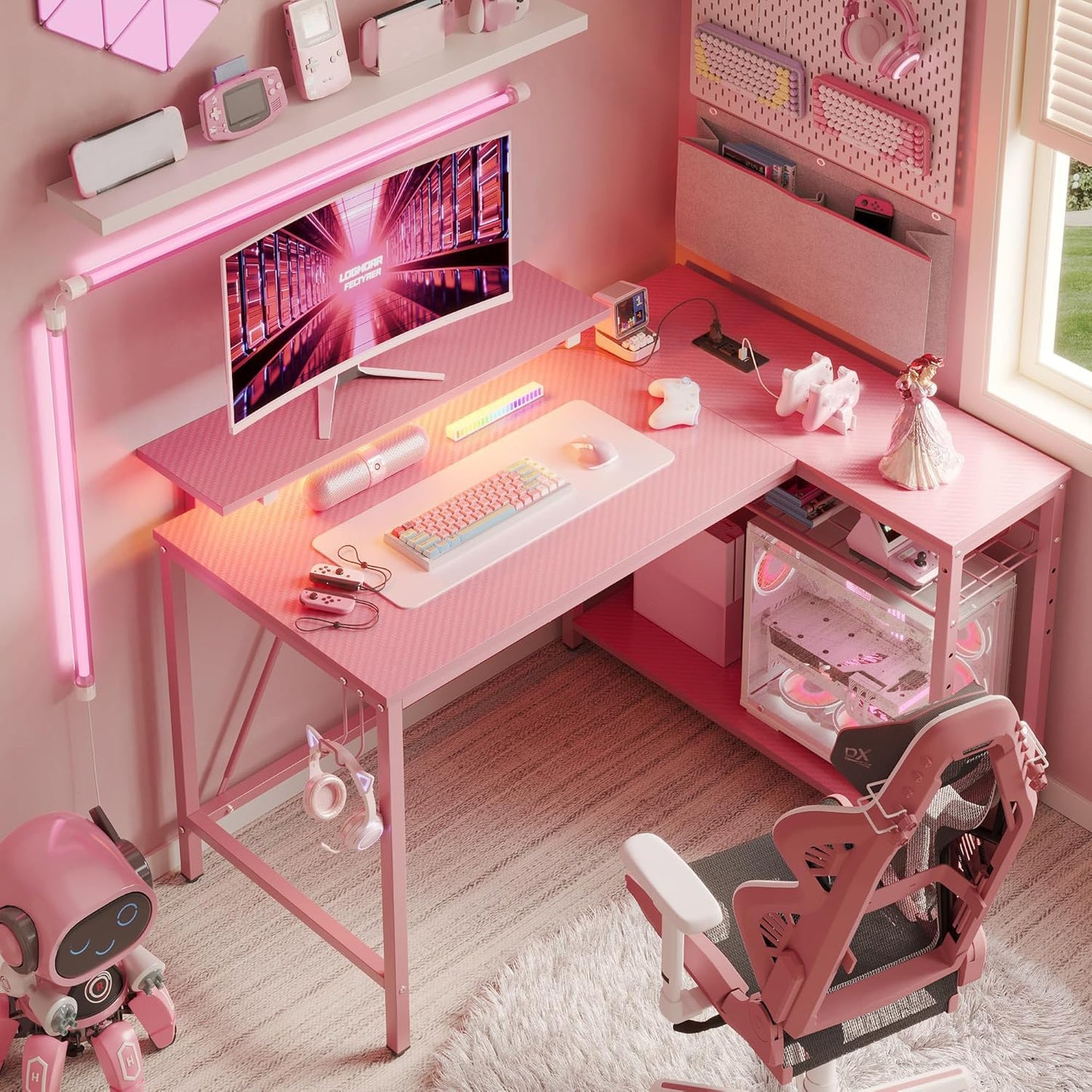 Bestier Pink Computer Desk with Power Outlets,42 LED Small Gaming Corner Desk with Reversible Storage Shelves,L Shaped Desk with Headset Hooks Studying and Workstation Desk for Office and Bedroom