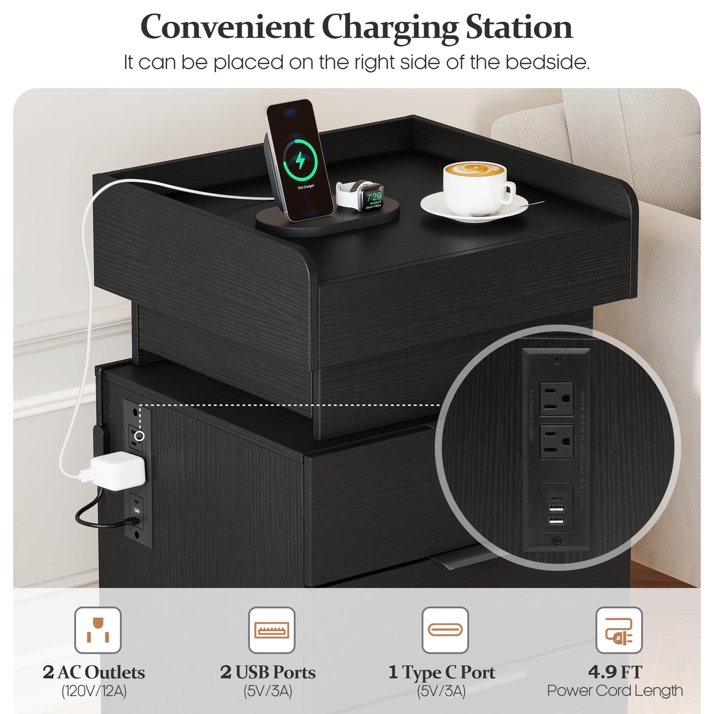 Turosur Night Stand with Gun Drawer, LED Nightstand with Charging Station, Wood Bedside Table with Hidden Storage and 3 Drawers for Bedroom, Modern Black