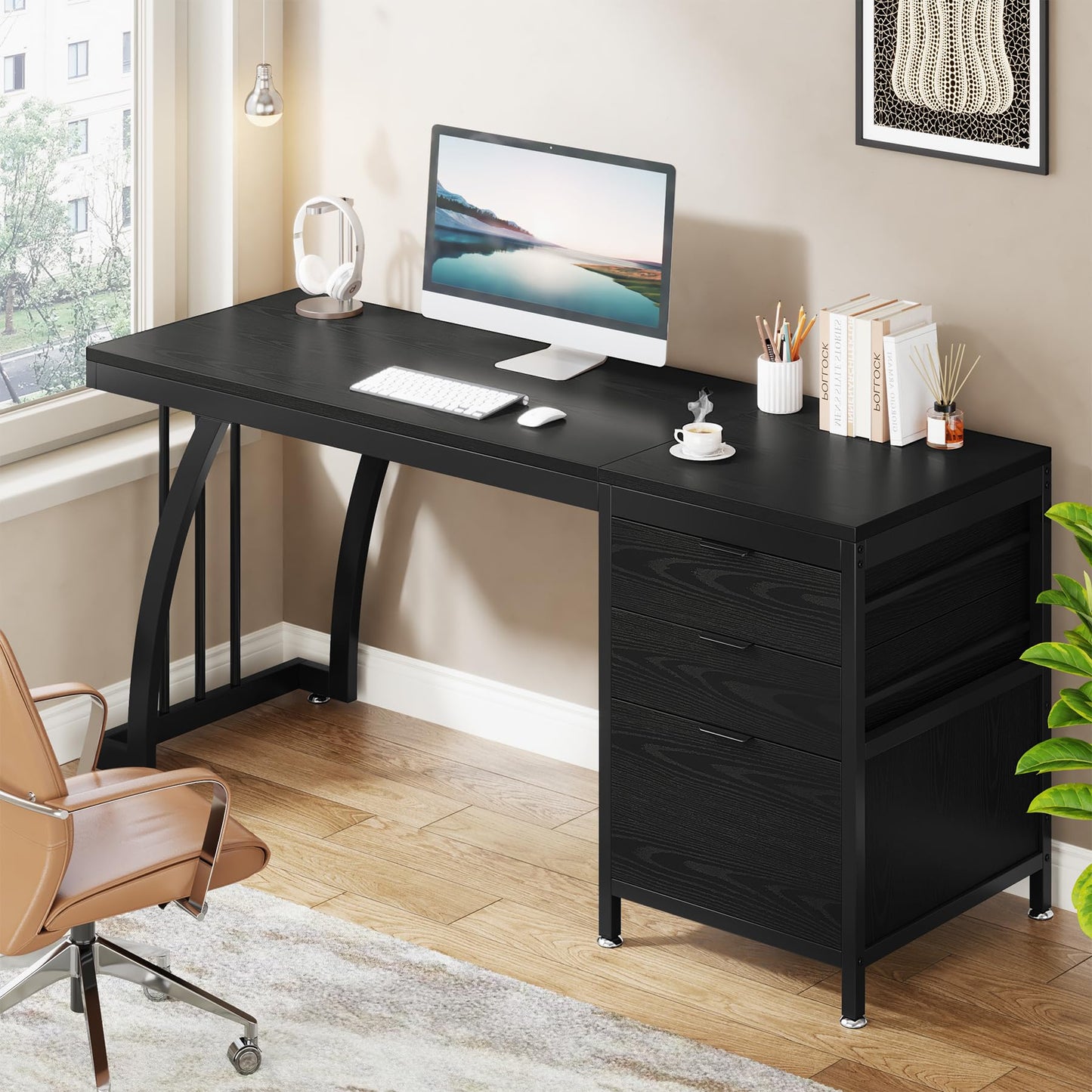 Tribesigns Computer Desk with 3 Drawers, 59-Inch PC Desk with Reversible Drawers, Industrial Study Writing Table Workstation with File Storage for Home Office (Black)