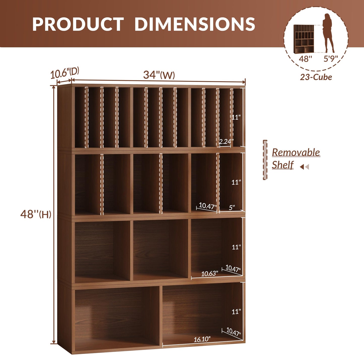 IOTXY DIY Modular Cube Bookcase - CubeXY Customizable Stackable Expandable Combination Set, 23-Cube Open Bookshelf for Books, Fabric Storage Bin, and 7/10-inch Vinyl Record Organizer, Walnut