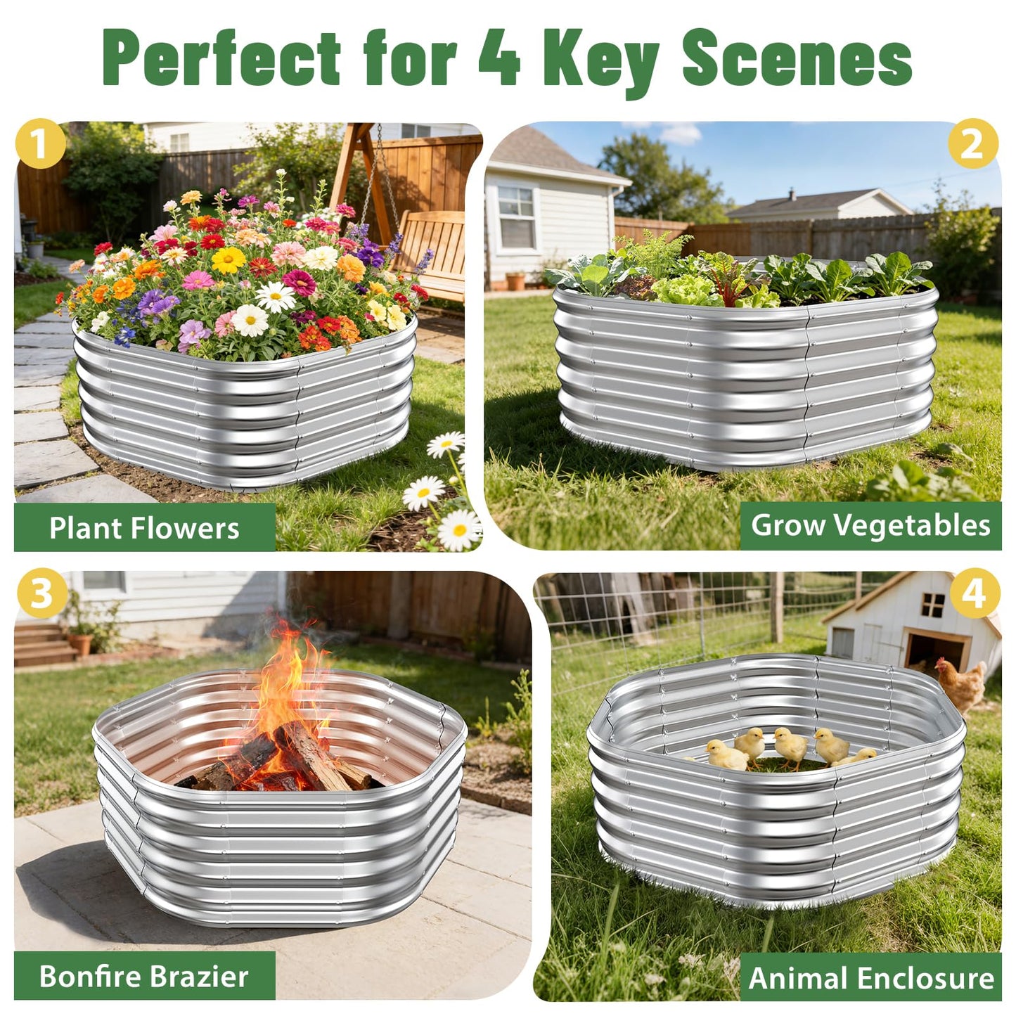 VAMFUTRE Hexagon Raised Garden Bed, 48 Inch Diagonal & 16.5 Inch Tall, Galvanized Steel Planter Box with Wave-Shaped Metal Panels for Outdoor Flower,Tree,Herb & Vegetable Garden (Silver, 4FT X 1.5FT)