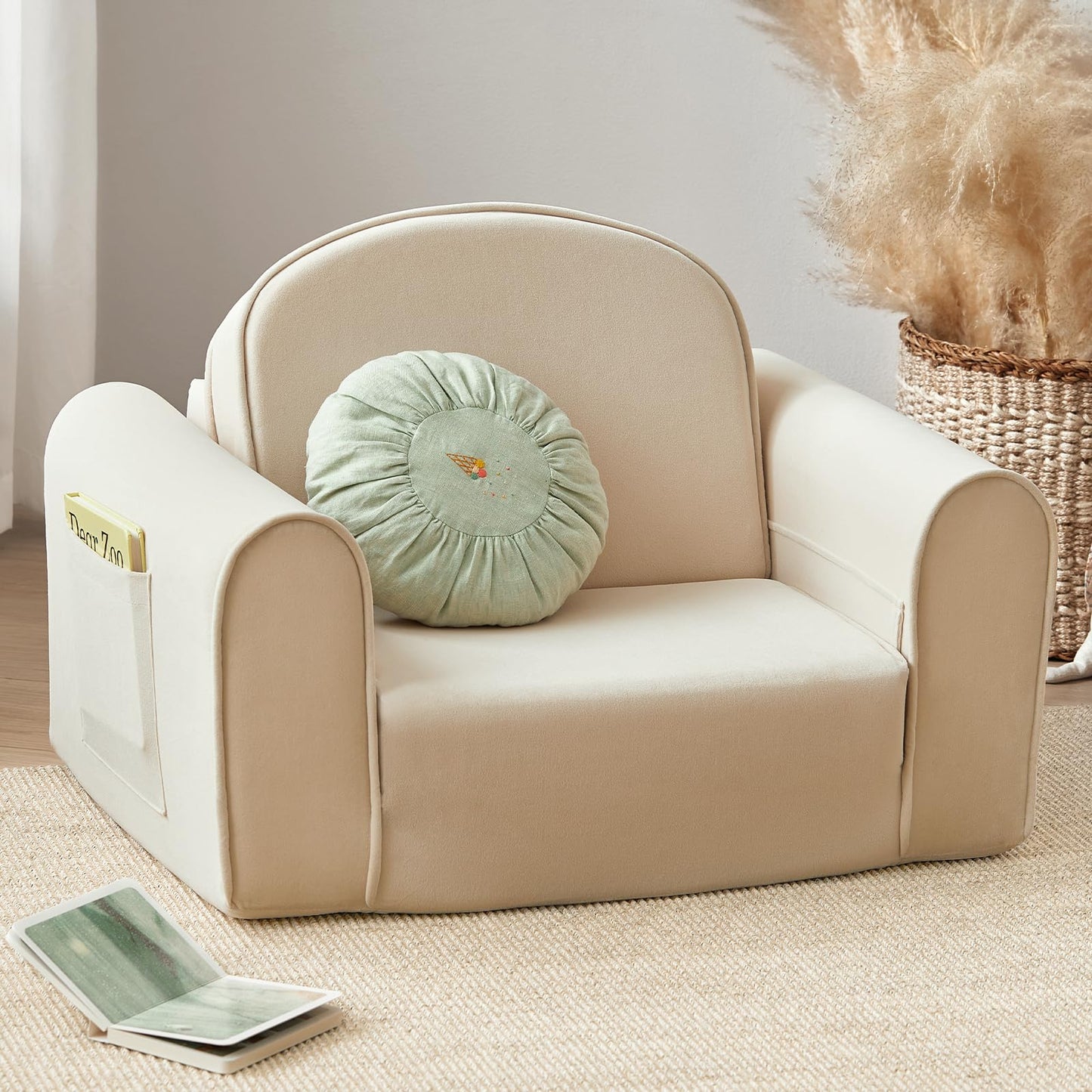 Tiny Land 2-in-1 Foldable Kids Couch with Pockets – Soft Thick Toddler Sofa, Convertible Kids Chair for Playroom, Bedroom or Living Room, Gift for Boys & Girls(Beige)