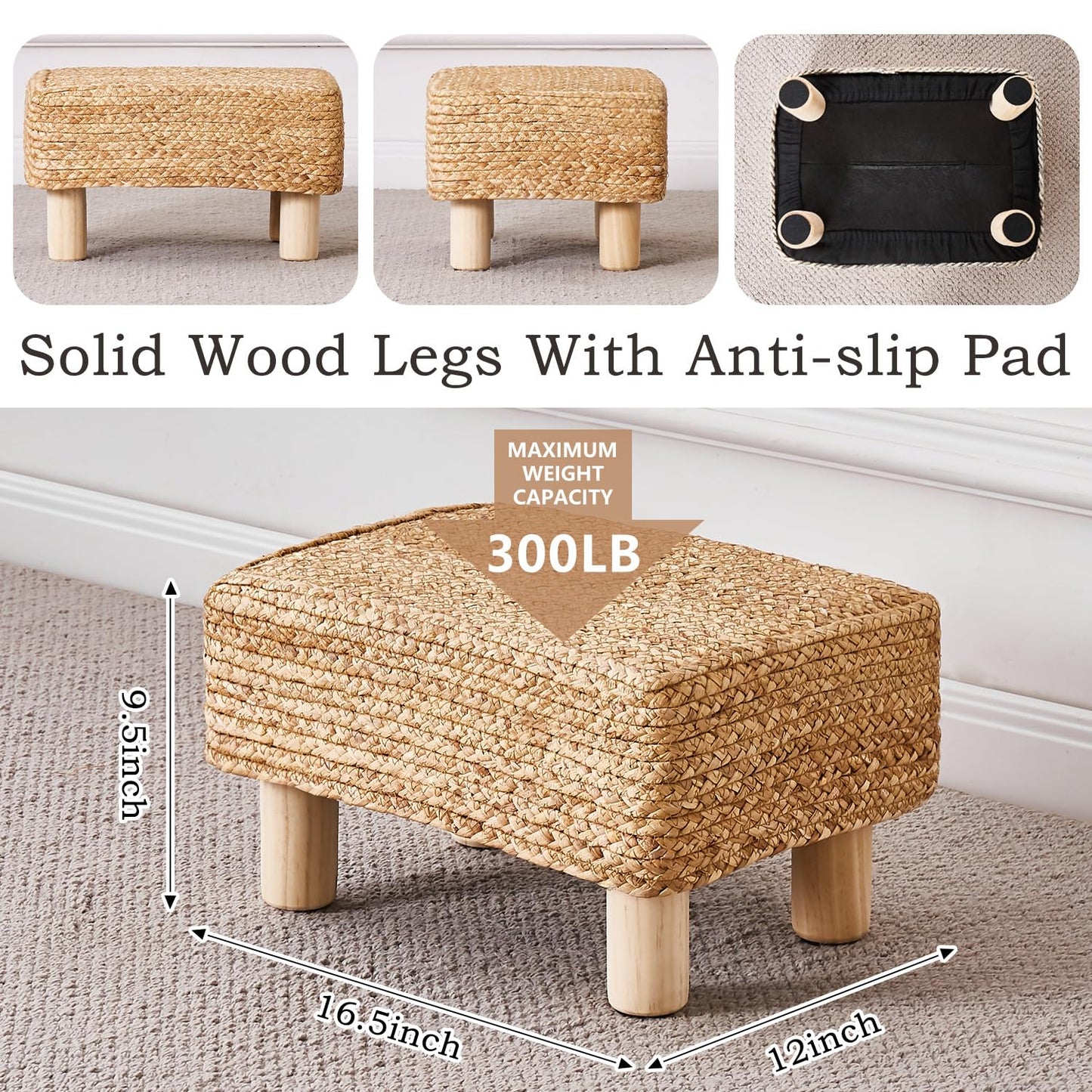 Wimarsbon Natural Seagrass Footstool Ottoman Rectangular Footrest Pouf Ottomans with Wooden Legs Hand Weave Step Stool for Living Room Bedroom Entryway Natural