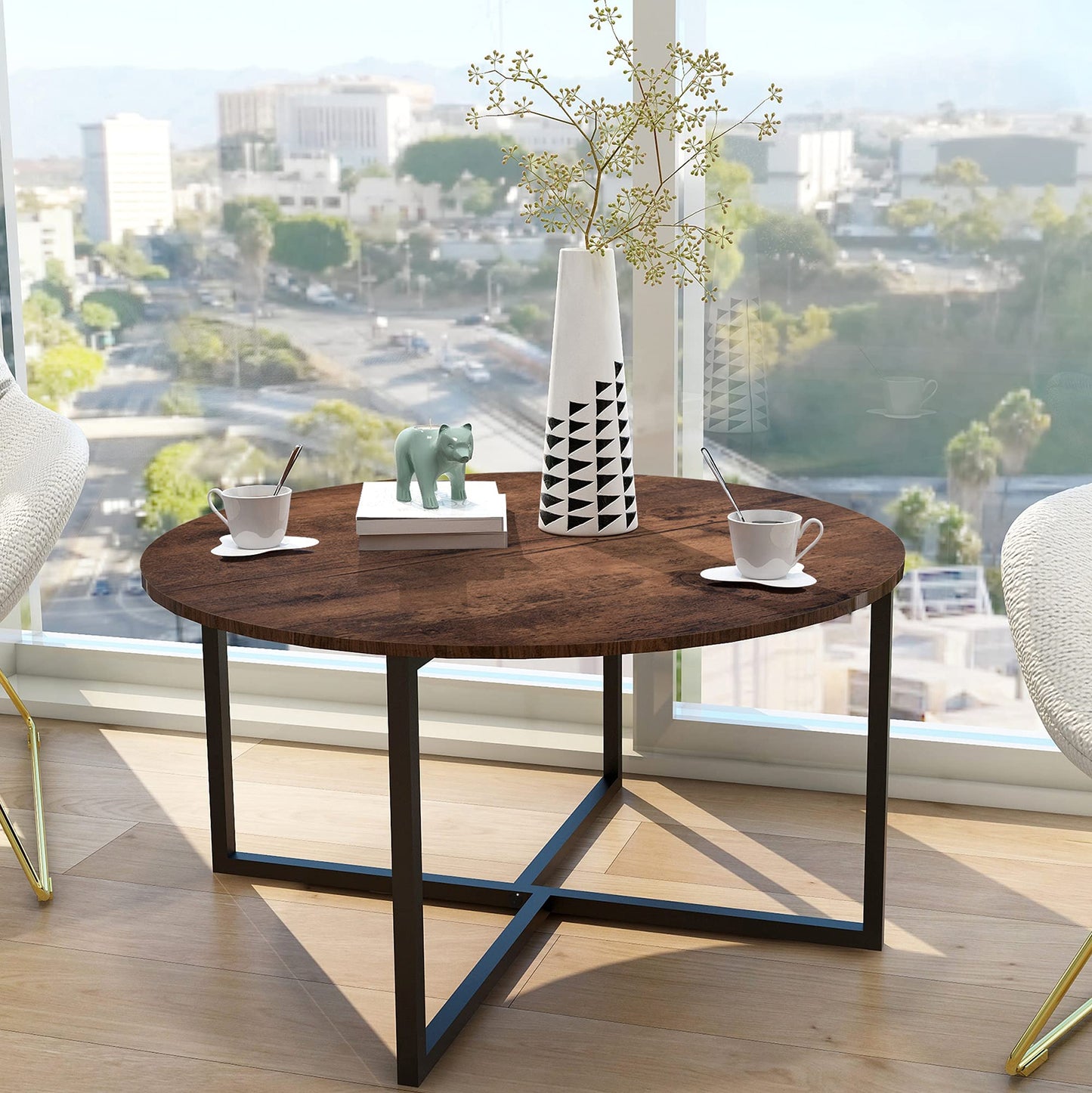Round Coffee Table Kitchen Dining Tables Modern Leisure Tea Table Office Conference Pedestal Desk Rustic Brown