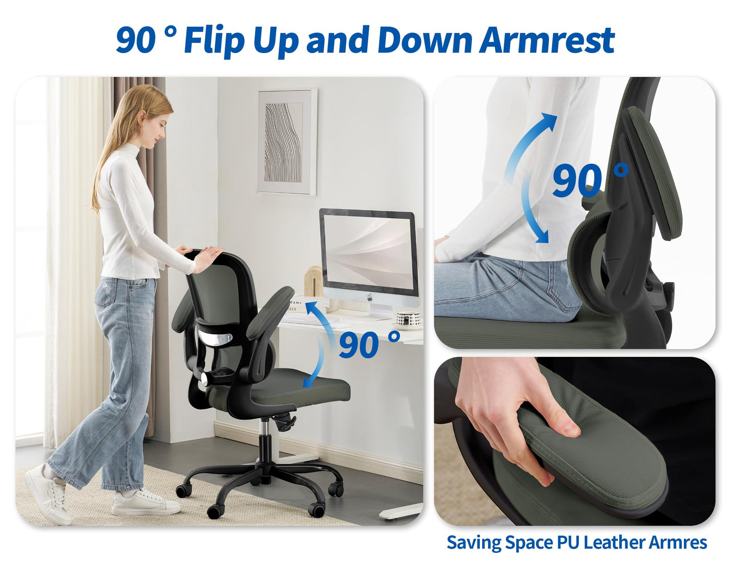 TRALT Ergonomic Office Chair - Desk Chair with Adjustable Lumbar Support Computer Chair - Mesh Comfy Chair with Flip-up Armrests - Gaming Chairs for Adults Home Office (PU Leather, Dark Green)
