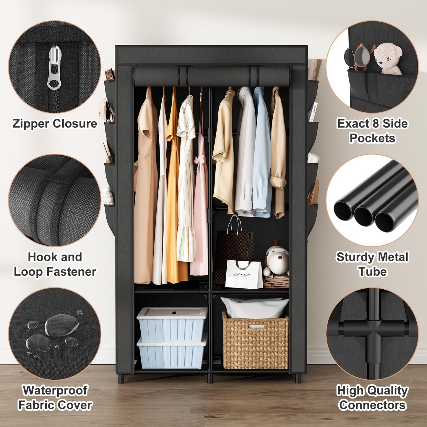 BrFoYu Portable Closet for Hanging Clothes, Portable Wardrobe Closet with Cover, 4 Storage Shelves, 2 Hanging Rods and 8 Side Pockets, Easy Assembly and Sturdy Free Standing Closet for Bedroom, Black