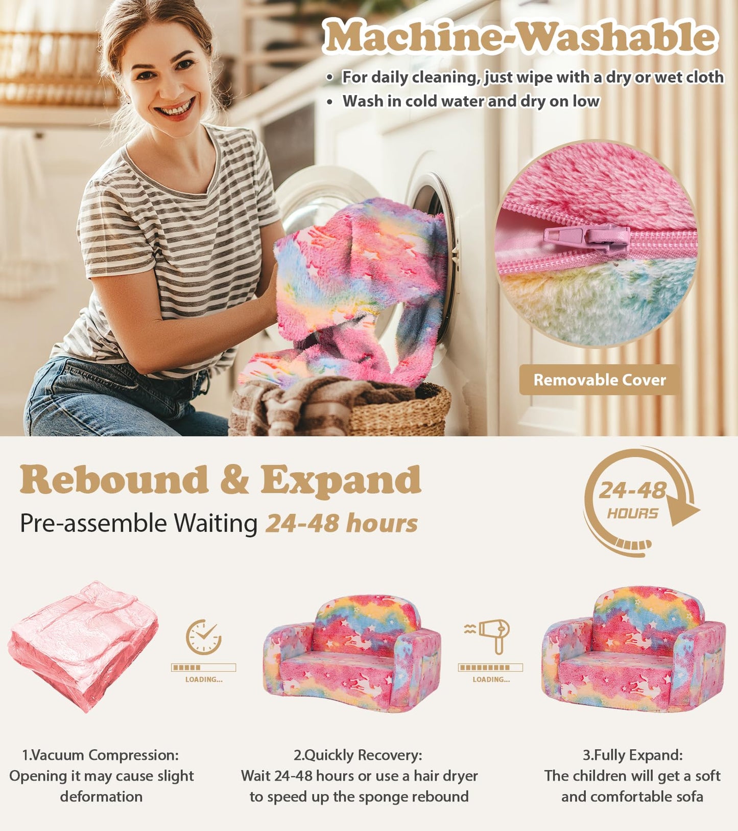 Kids Couch, 2-in-1 Soft Toddler Couch Fold Out with Blanket and Cloud Pillow, Glow in The Dark, Toddler Chair Comfy, Convertible Sofa, Gifts for Kids Girl Boys, Medium Pink Unicorn
