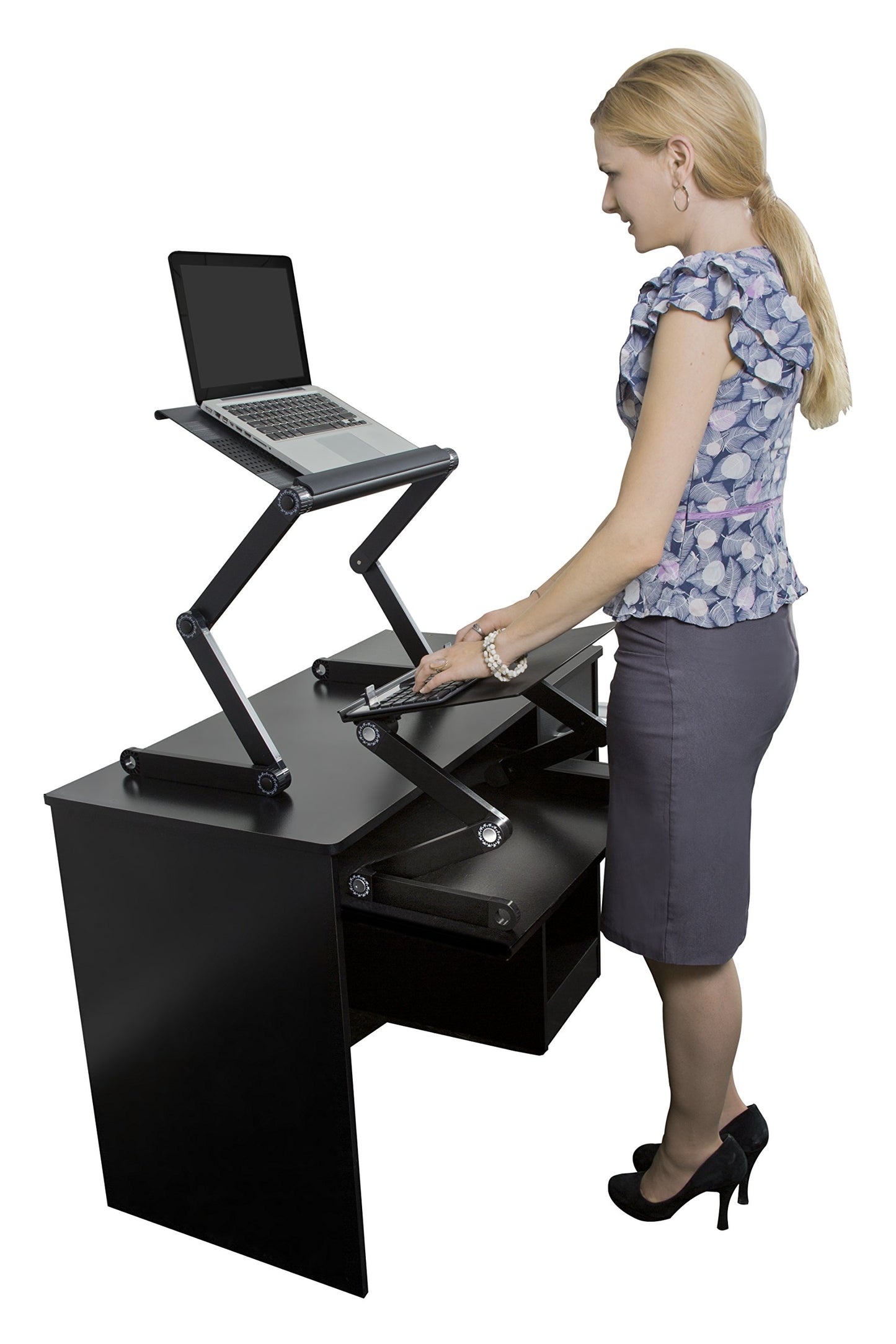 WorkEZ Adjustable Standing Desk Converter w/2 Fans & 3 USB Ports, Sit to Stand Desk Riser Monitor Standing Computer Desk, Height & Angle Negative Tilt