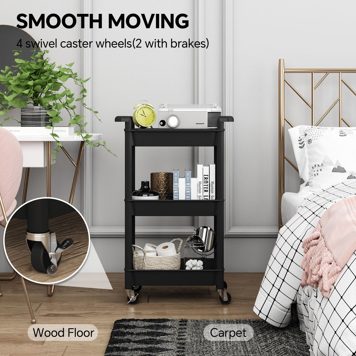 Steehoom 3-Tier Utility Rolling Cart with Cover Top Board, Mobile Utility Cart with Lockable Casters Multi-Functional Storage Trolley for Office, Bathroom, Kitchen, Garden, Laundry Room (Black)