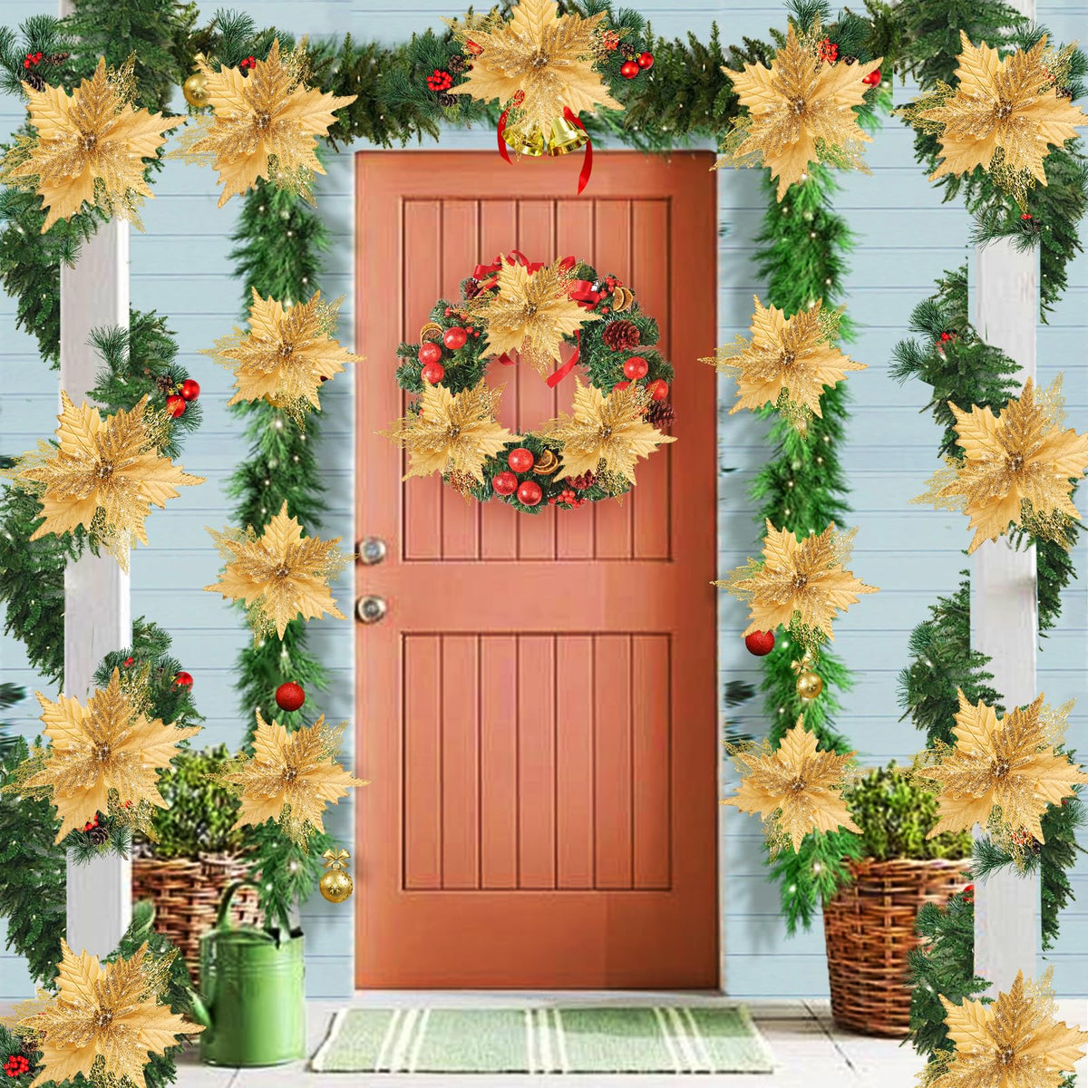 10'' Large Christmas Glitter Poinsettia Flowers Decorations, stadeco 10 Pcs Christmas Tree Picks Ornaments Artificial Flowers with Long Stems for Xmas Tree Wreath Garland Wedding Party DIY Decor