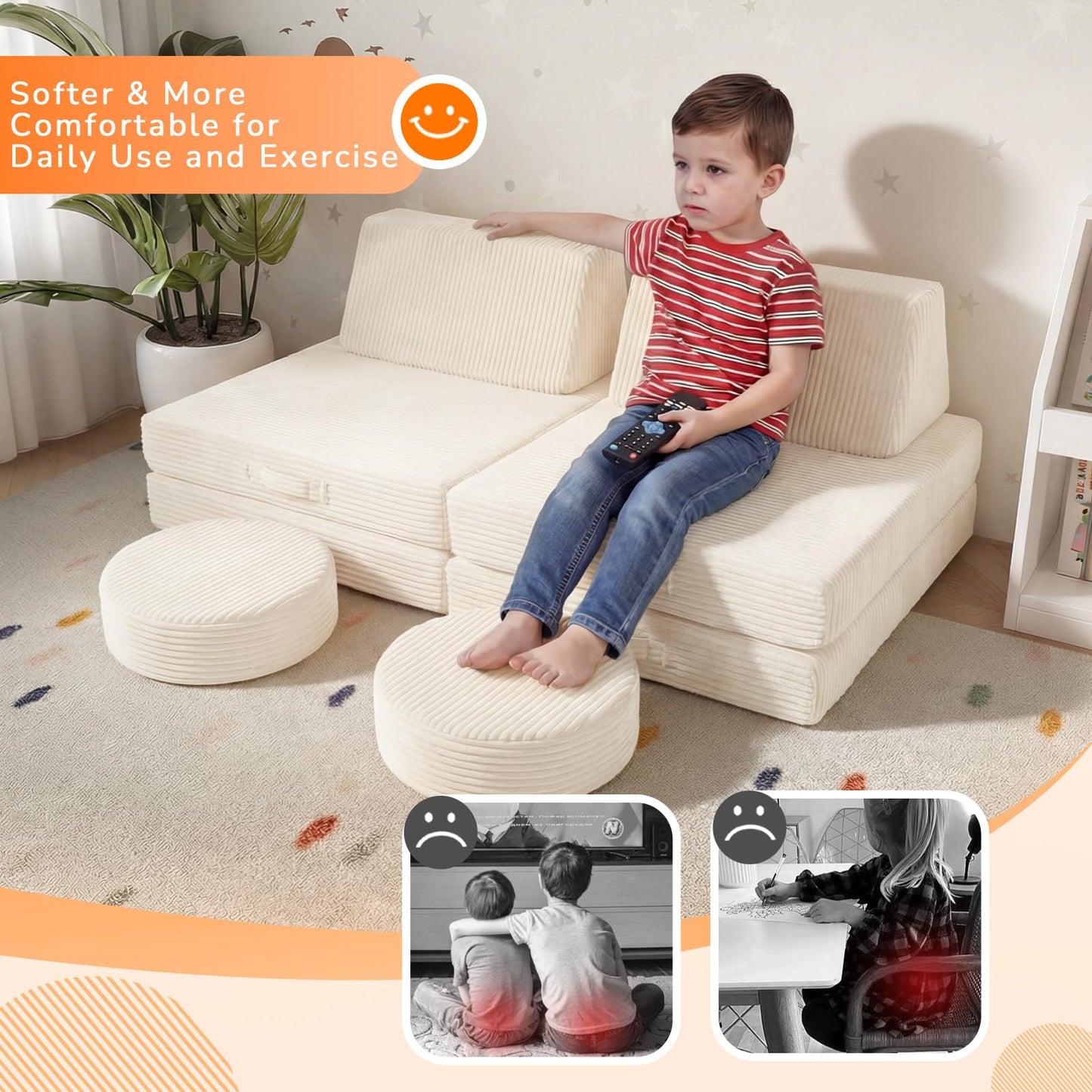MeMoreCool Kids Couch for Playroom, Corduroy 8-Piece Modular Toddler Play Couch in Beige, Convertible Foam Sofa Fort Building Set with Washable Corduroy Cover for Nursery Bedroom, Ages 1-5