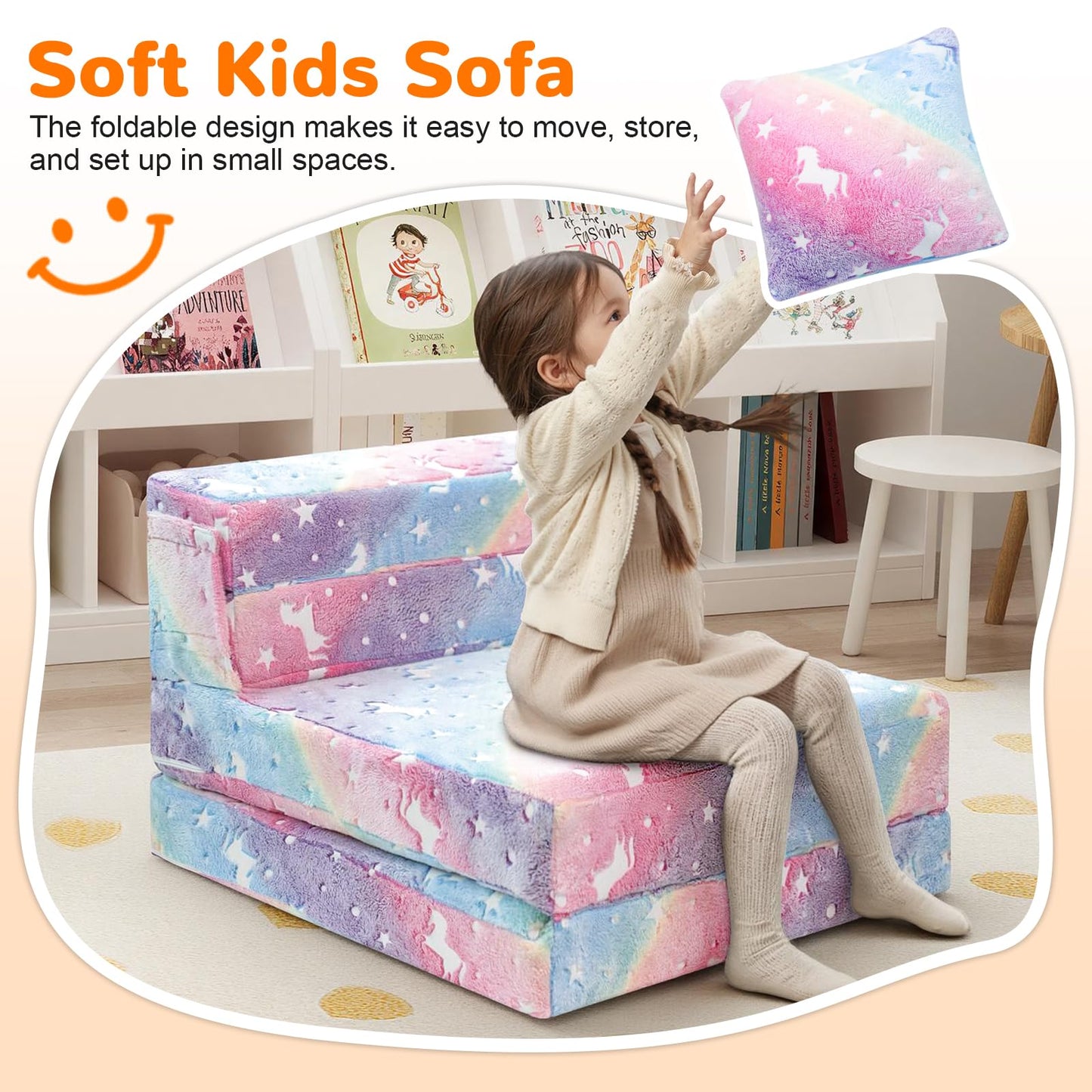MeMoreCool Glow Rainbow Unicorn Tri-fold Sofa Bed for Kids, Foldable Futon Mattress, Chair, and Floor Couch for Playroom