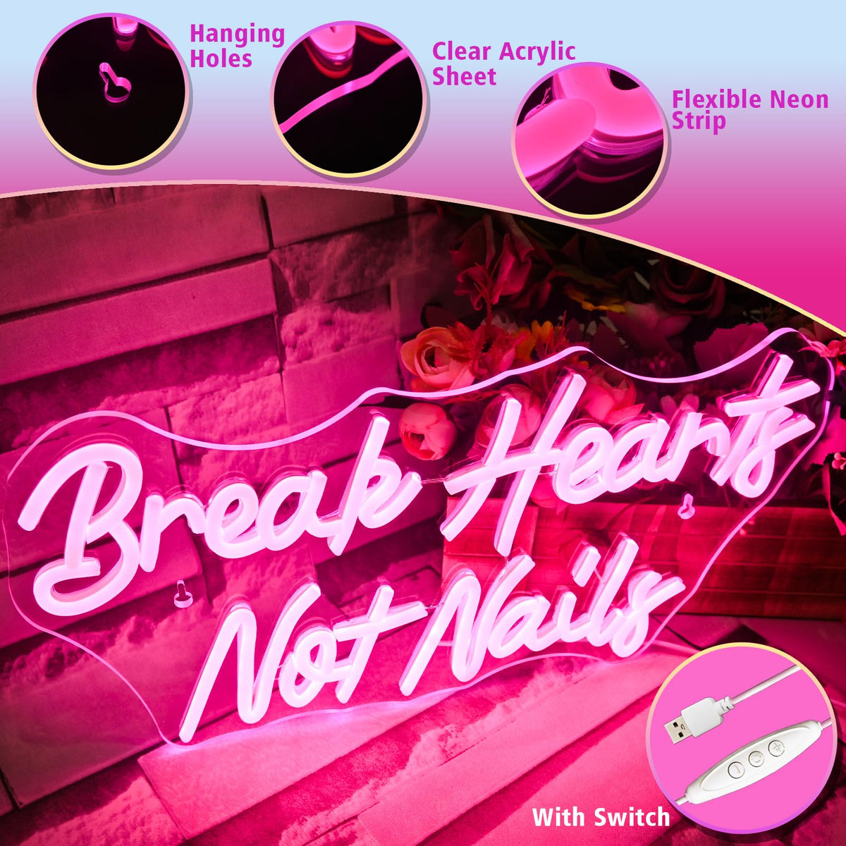 VVYXX Break Heart Not Nails Neon Sign for Wall Decor,Neon Light Pink LED Neon Light for Bedroom Nails Salon Beauty Room Shop Decoration Gift
