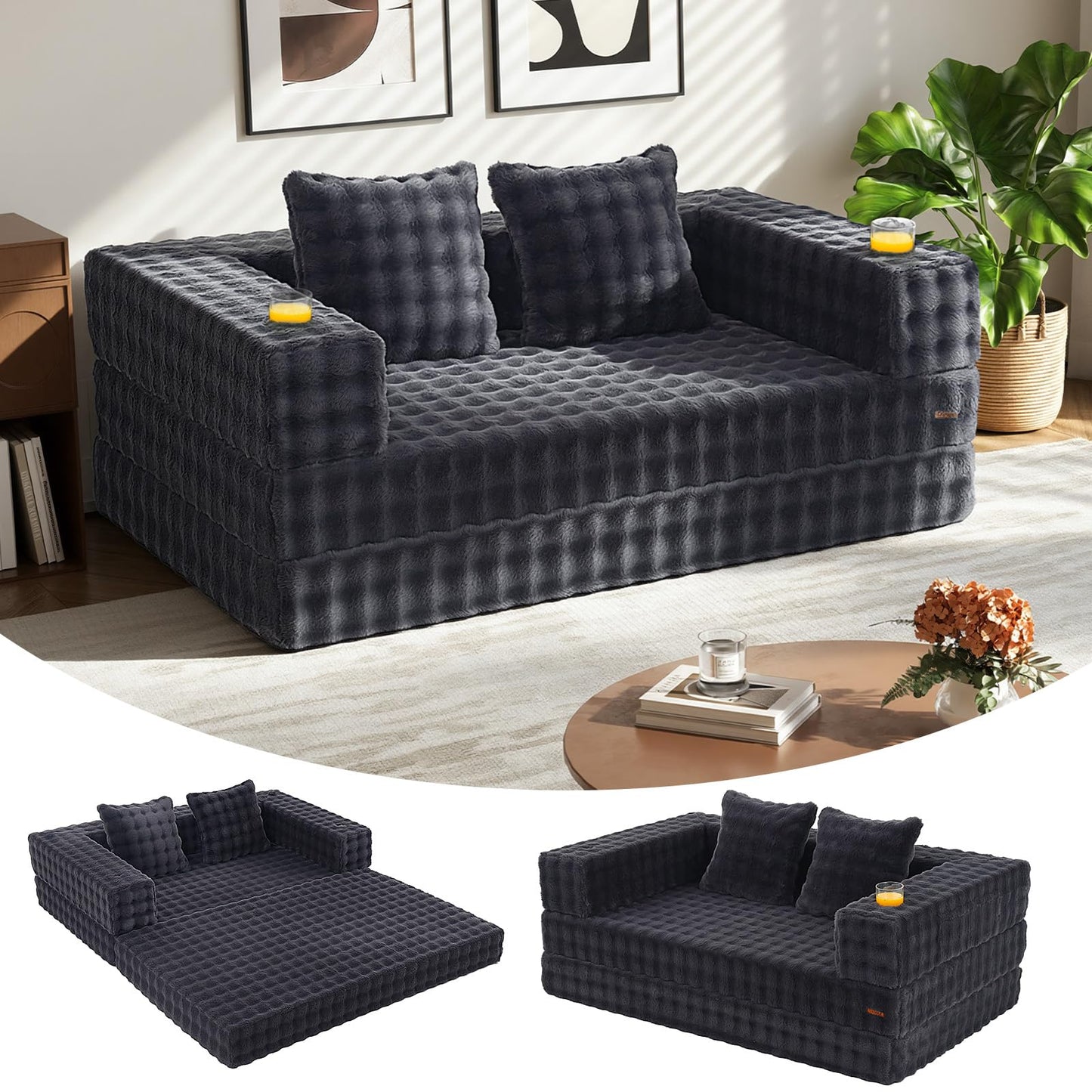 COMAX Futon Sofa Bed, 4‑in‑1 Convertible Sofa Bed, Folding Boneless Couches for Living Room, Fold Out Small Foldable Loveseat Floor Sleeper Comfy Mattress Lounge Space‑Saving, Ash Gray