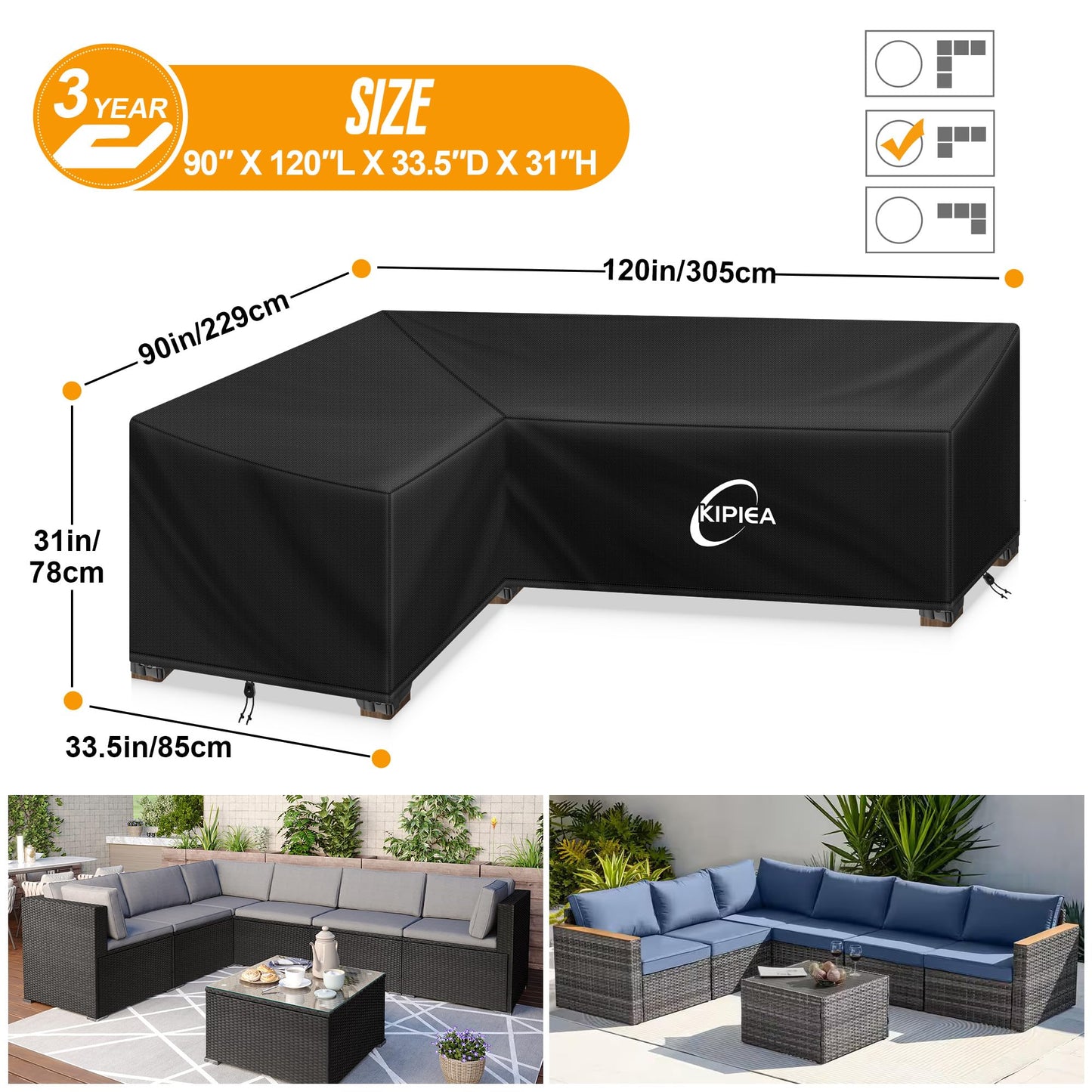 Kipiea L-Shape Patio Furniture Covers Waterproof, 500D Heavy Duty Outdoor Sectional Cover Windproof, Outdoor Couch Cover Anti-UV, No Tears & No Fading (Left Facing, 90" x 120" L x 33.5" D x 31" H)