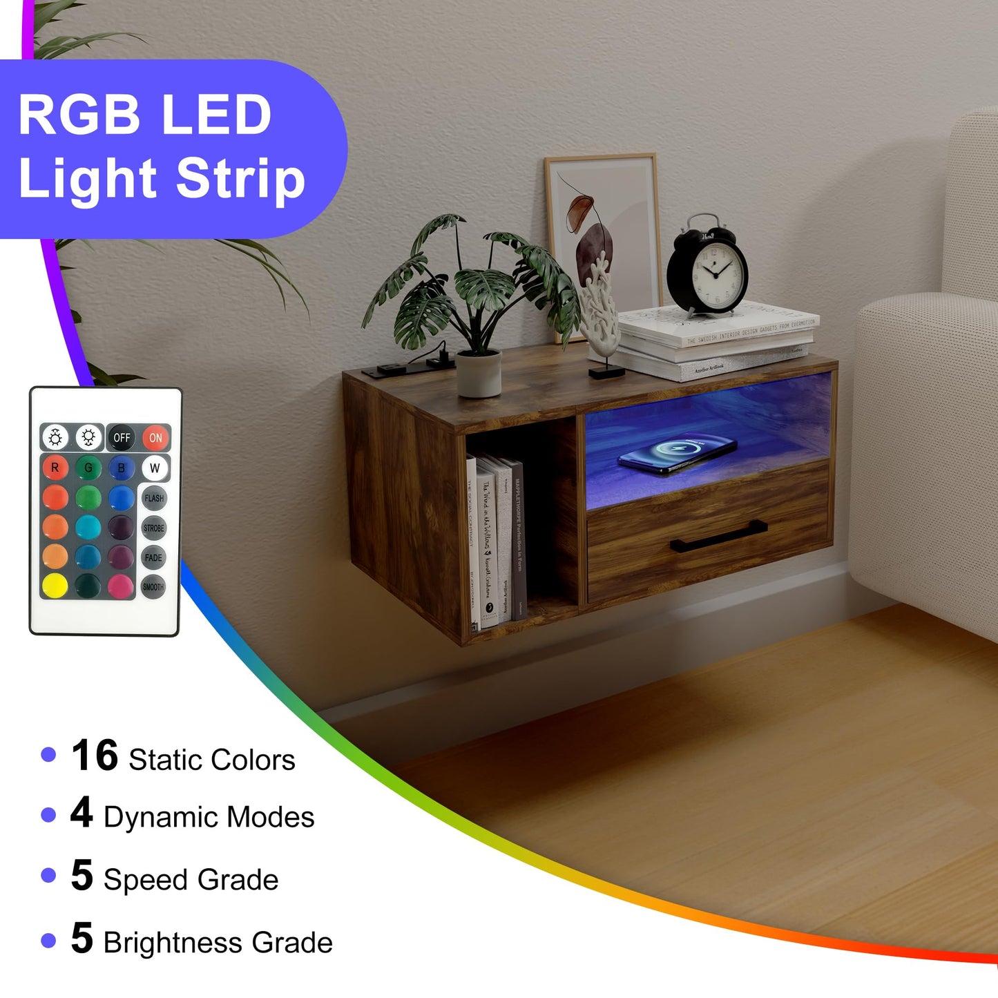 Homaterial Floating Nightstand with Charging Station and LED Lights, Floating Bedside Table with Drawers Wall Mounted Nightstands,for Bedroom Room, 21.3" x 11.8" x 10",Rustic Brown