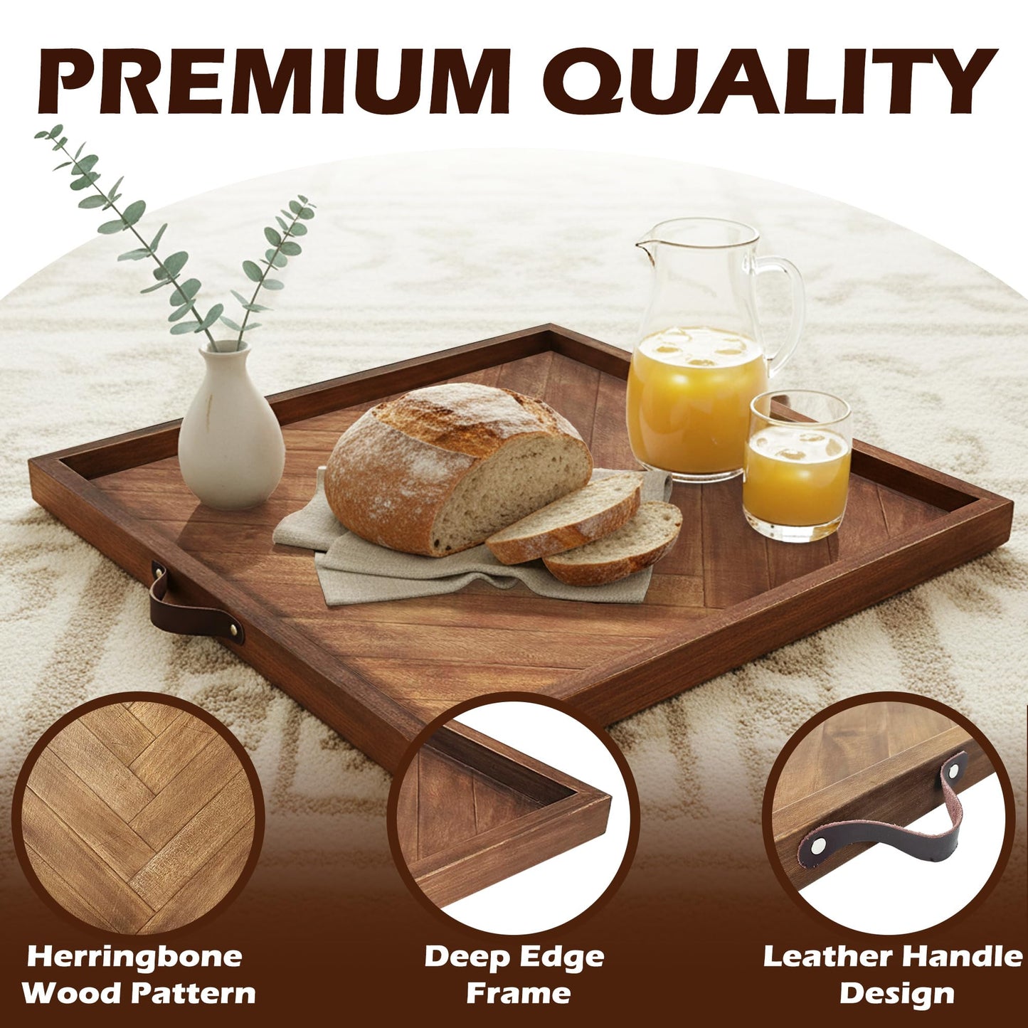 Large Square Ottoman Tray 24.5"x24.5", Wooden Ottoman Trays with Leather Handles, Rustic Decorative Storage Tray for Ottoman