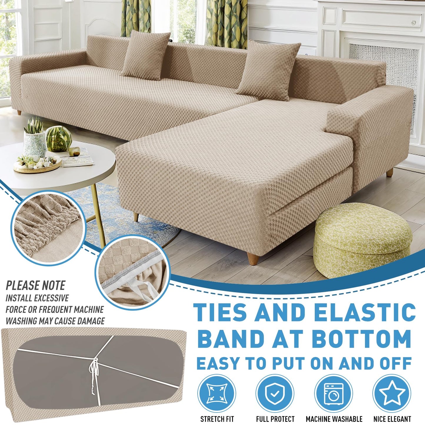 ZNSAYOTX Sectional Couch Covers, Stretch Jacquard Slipcovers with Elastic Bottom for L-Shape Sectional Sofa, 2 Pcs Pet Friendly Modular Sofa Protector (3 Seat Couch + 3 Seat Chaise, Khaki)