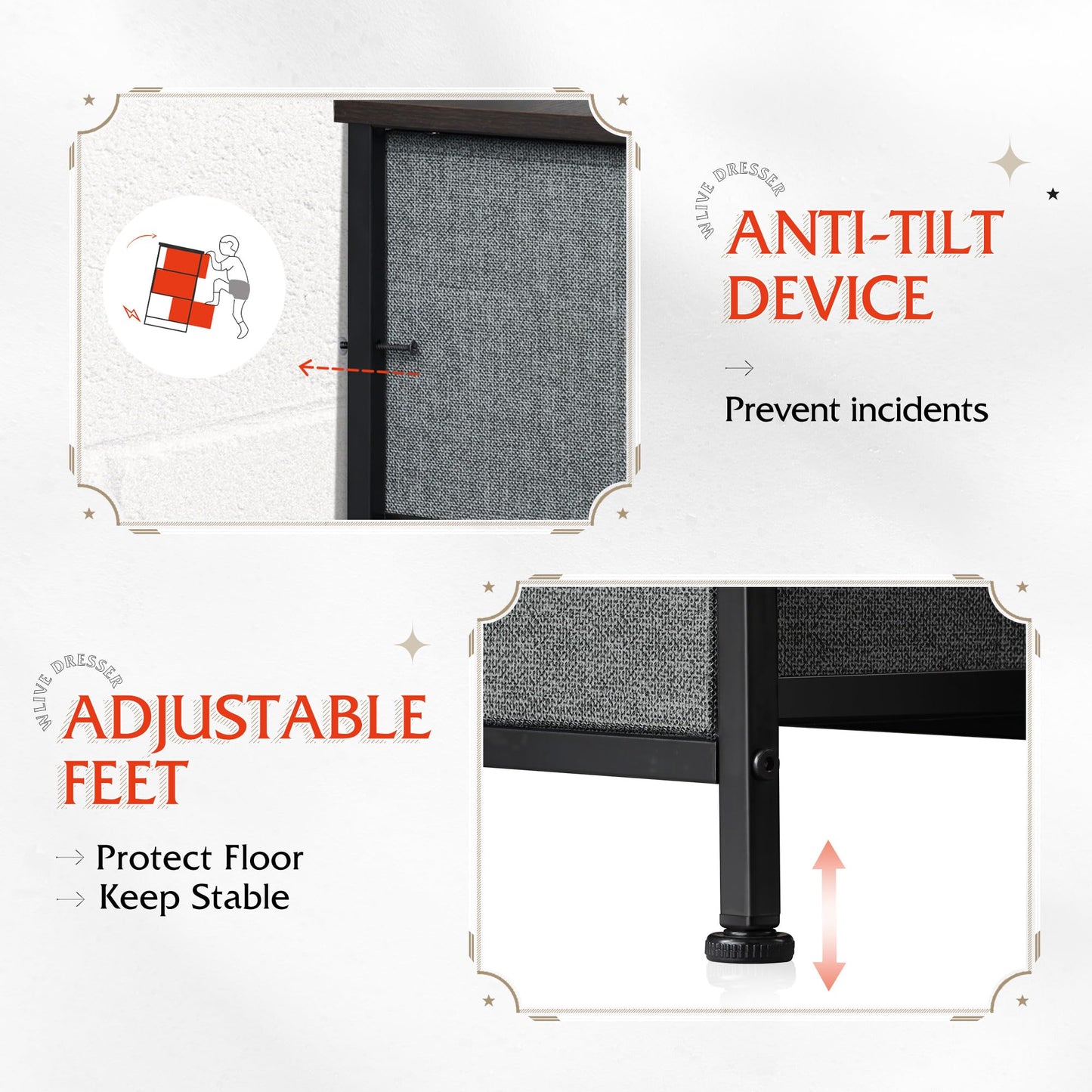 WLIVE Fabric Dresser for Bedroom with Open Shelves, Tall Dresser with 8 Drawers, Storage Tower with Fabric Bins, Chest of Drawers for Closet, Living Room, Hallway, Charcoal Gray