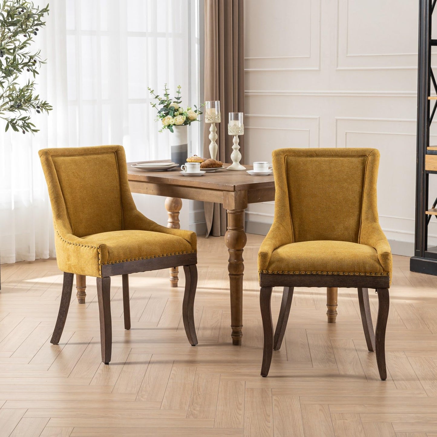 Ball & Cast Mid-Century Upholstered Dining Chairs Set of 2, Thickened Fabric Wingback Kitchen Chairs with Bronze Nail Head & Toned Solid Wood Legs, Golden