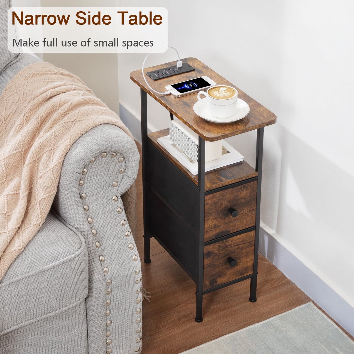 LOAKEKEL Narrow Nightstand with Charging Station, End Tables Living Room Set of 2, Skinny Side Table with Fabric Drawers, Slim Sofa Table for Bedroom, Small Spaces, Couch, Brown, HETNDP02BR