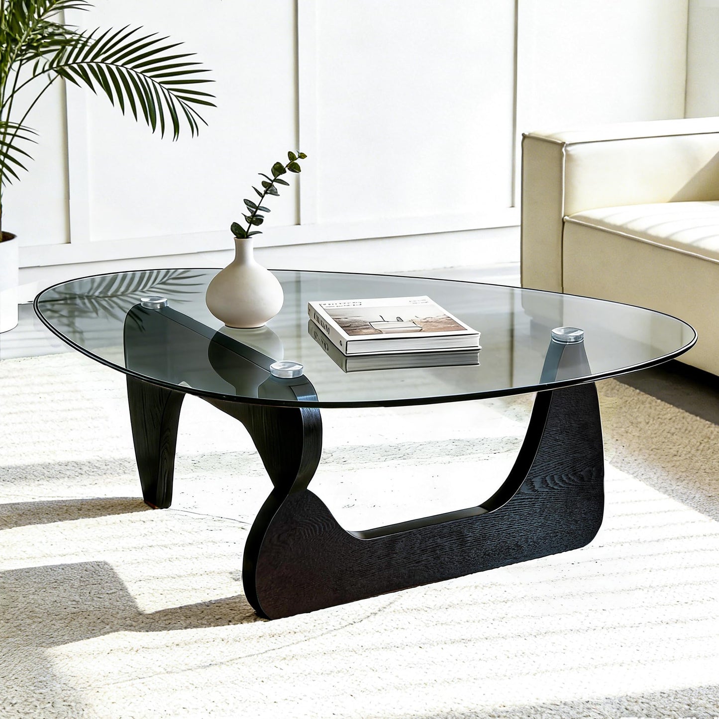 Glass Coffee Table, Coffee Table for Living Room Mid Century Modern Center Table with Tempered Glass-top with Sturdy Wooden Base, for Small Space, Apartment, Easy to Install