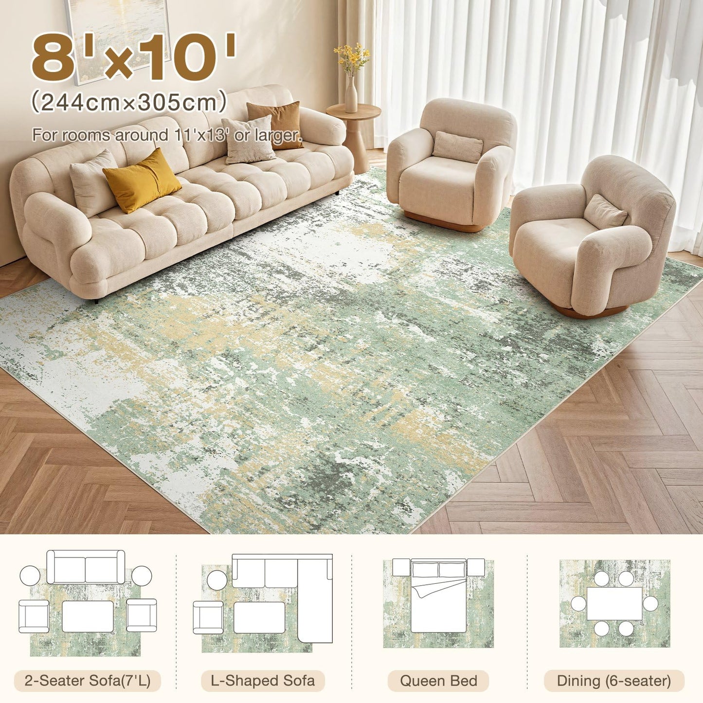 Micgeek Area Rug Living Room - 8X10 Abstract Washable Large Soft Foldable Non Slip Rug Neutral Modern Low Pile Carpet for Bedroom Nursery Dining Room Farmhouse Home Office Indoor - Green