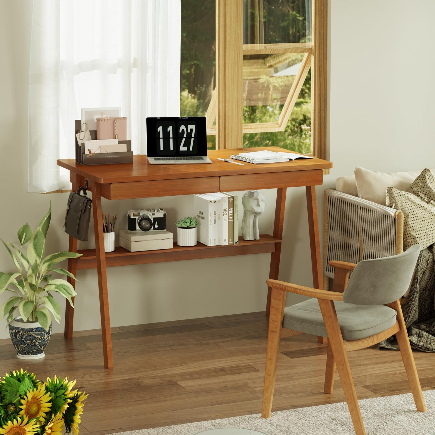 ENPKLUTE Solid Wood Desk with Drawers - 39.4 Inch Mid Century Modern Desks with Storage Shelf, Small Writing Desk for Small Spaces, Home Office Desks for Bedroom & Home, Walnut Color