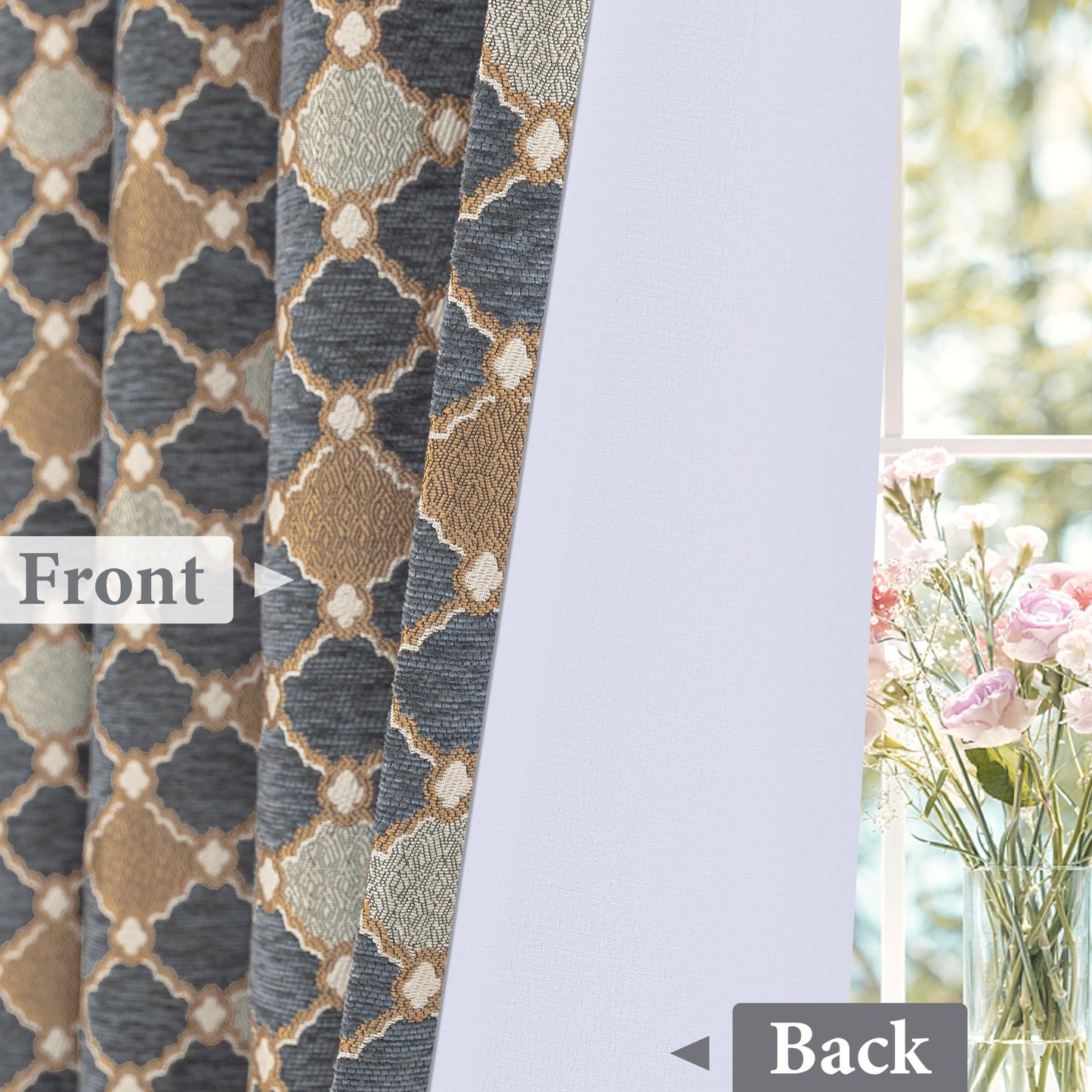 Loom and Mill Elegant Chenille Window Curtain Panels for Bedroom Living Room, Chic Checkered Pattern Jacquard Curtains 84 inches Long with Lining and Matching Tiebacks, Rod Pocket(2 Panels, 52x84)