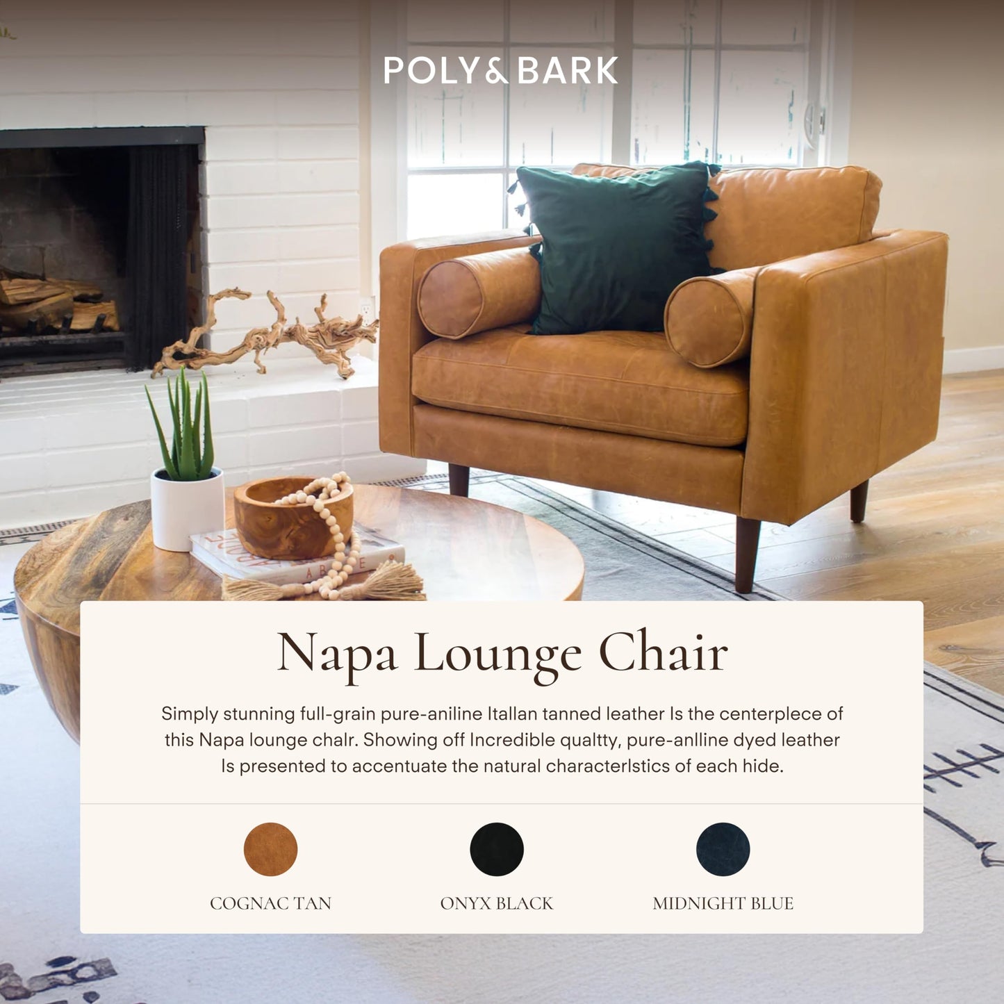 POLY & BARK Napa Lounge Chair – 42” – Cognac Tan – Italian-Tanned Full-Grain Pure-Aniline Leather, Feather-Down Cushions, Solid Wood Frame