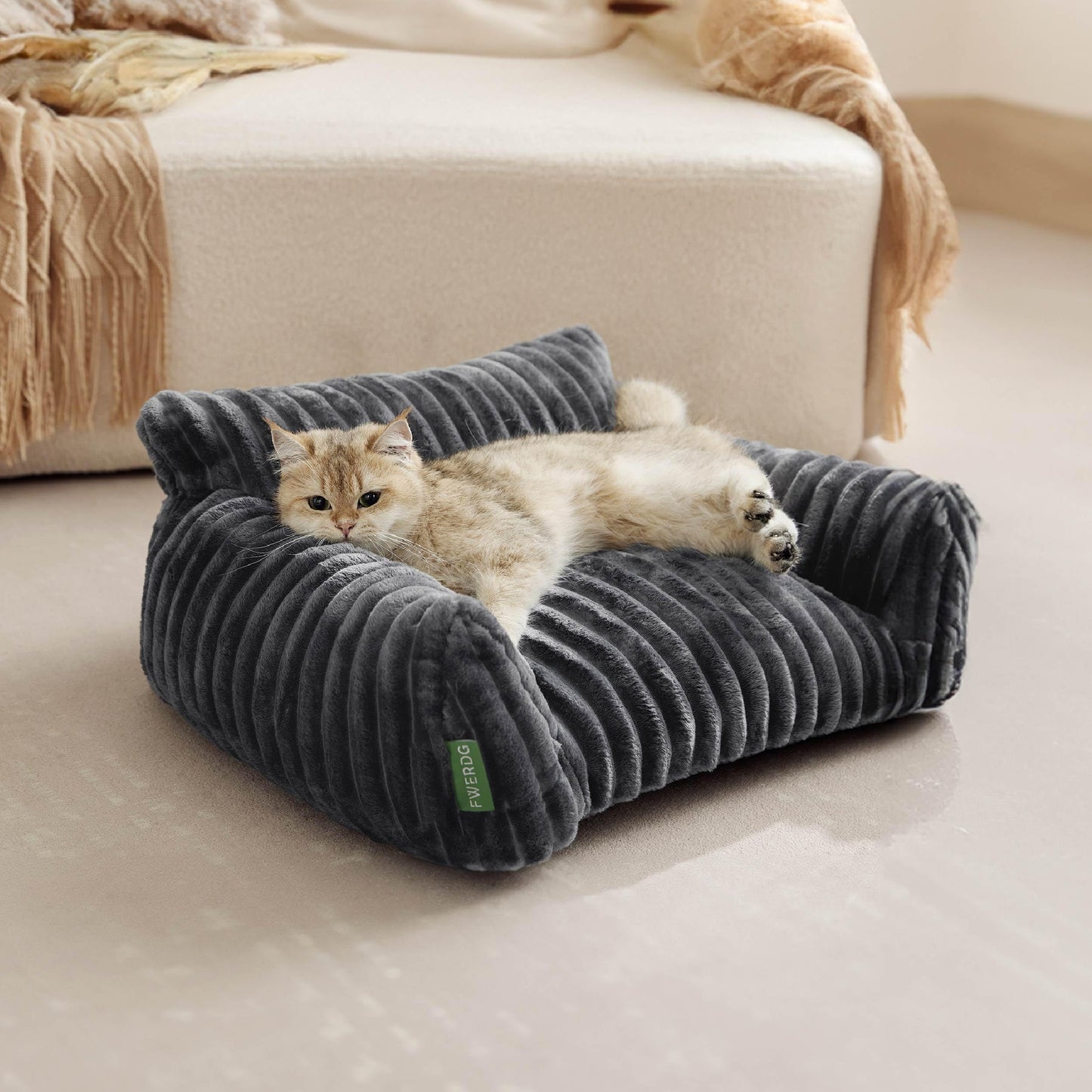 FWERDG Cute Couch Bed for Pets, Supportive Cat Sofa for Indoor Cats, Small Dog Sofa Bed for Small Dogs, Grey, 24 inches