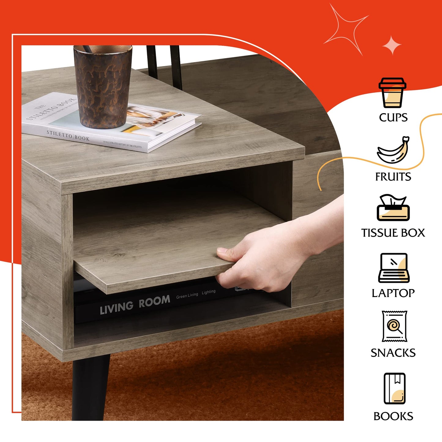 WLIVE Lift Top Coffee Table for Living Room,Small Coffee Table with Storage, Adjustable Shelf and Storage Compartment, Mid Century Modern Living Room Table, Greige