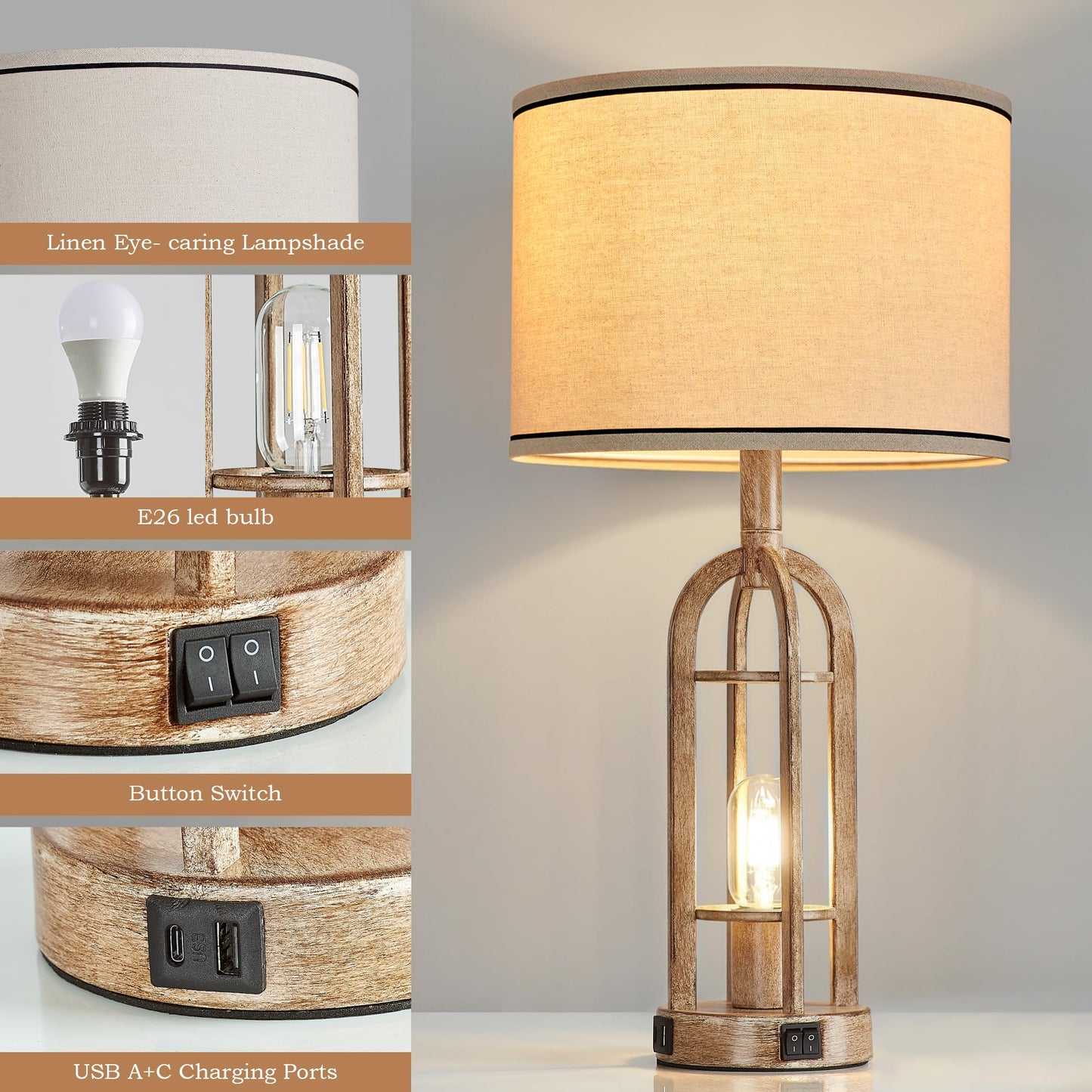 SRJJA Farmhouse Table Lamps for Living Room End Table Set of 2 - Rustic Bedside Lamps for Bedroom Nightstand with Night Light & USB A+C, Bulbs Included