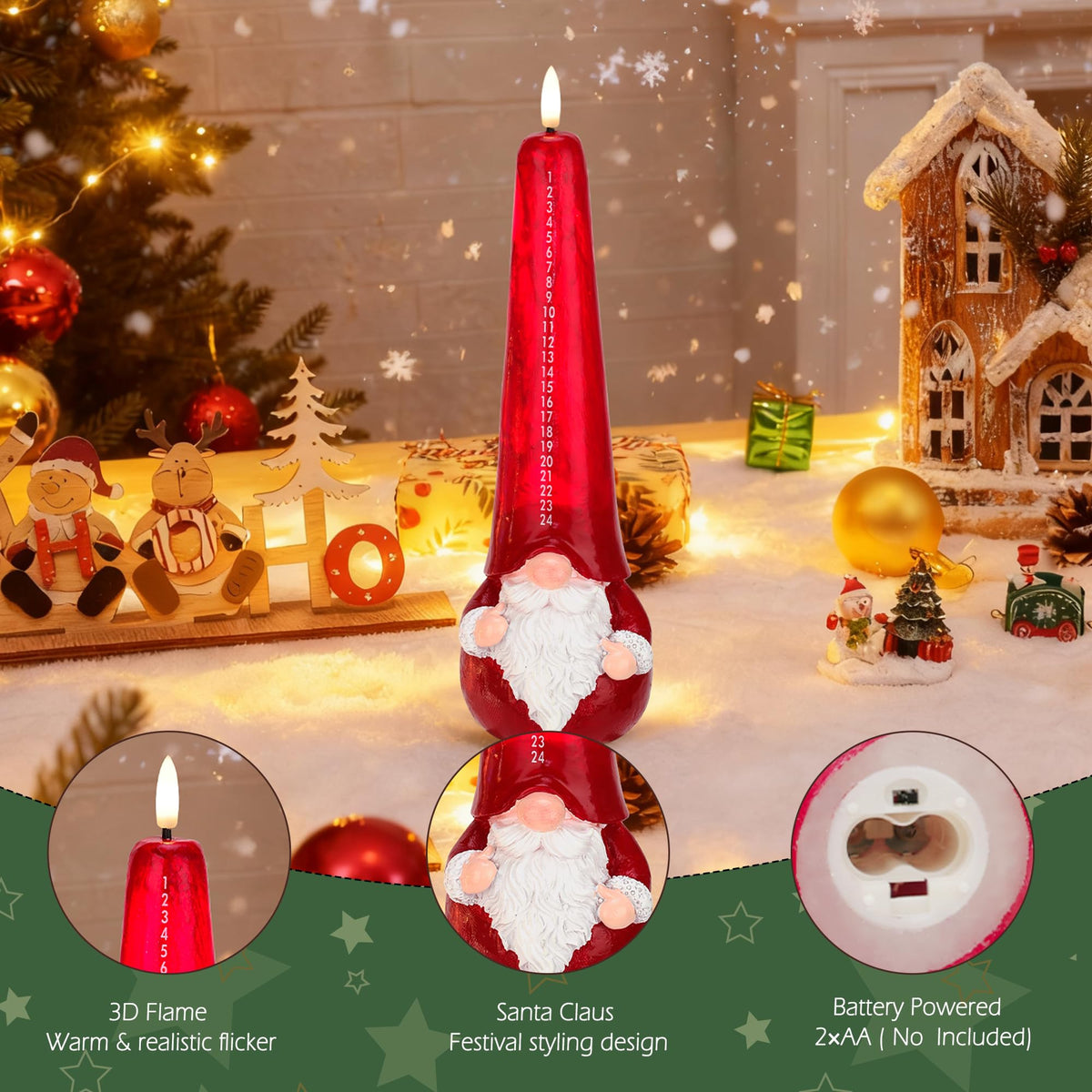 AFINETH Christmas Flameless Candles with Remote, Xmas Countdown Candle, Santa Claus Countdown to Christmas Battery Operated Candles, Red Flameless Advent Candles for Mantel Decor