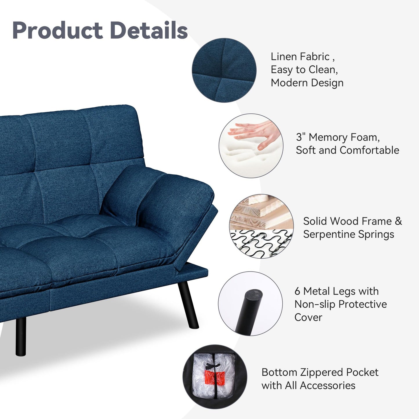 AMICLIBER Convertible Futon Sofa Bed,Blue Linen Modern Futon Couch,Memory Foam Loveseat Sleeper Recliner,Detachable Cushion,Adjustable Backrest & Armrest,Couches for Living Room,Office,Apartment