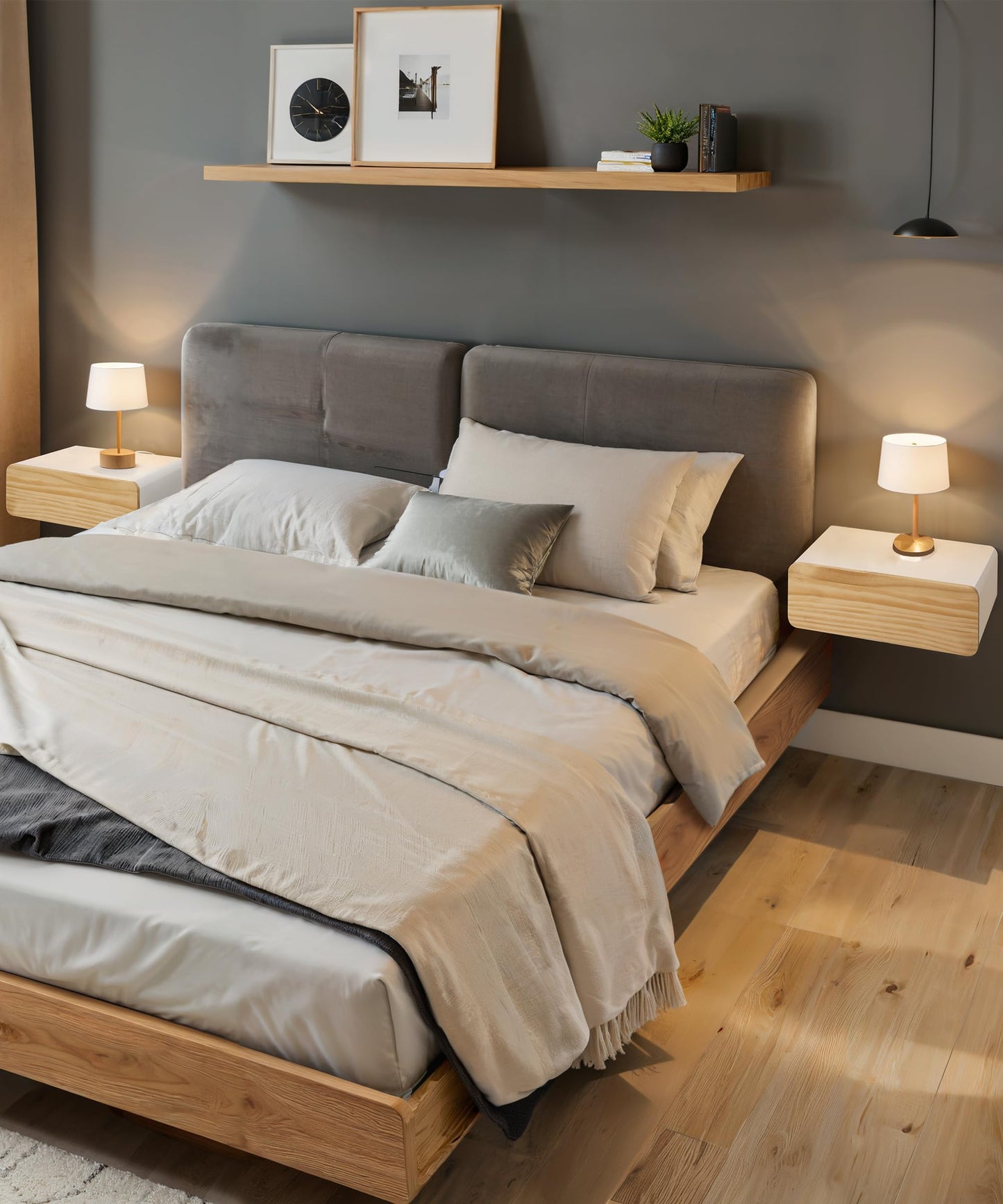 SUMGAR Floating Nightstand White with Drawers Modern Bedside Table Organiser Fully Assembled Shelf Small Spaces Wall Mounted Storage Wood Furniture for Bedroom Home Decor