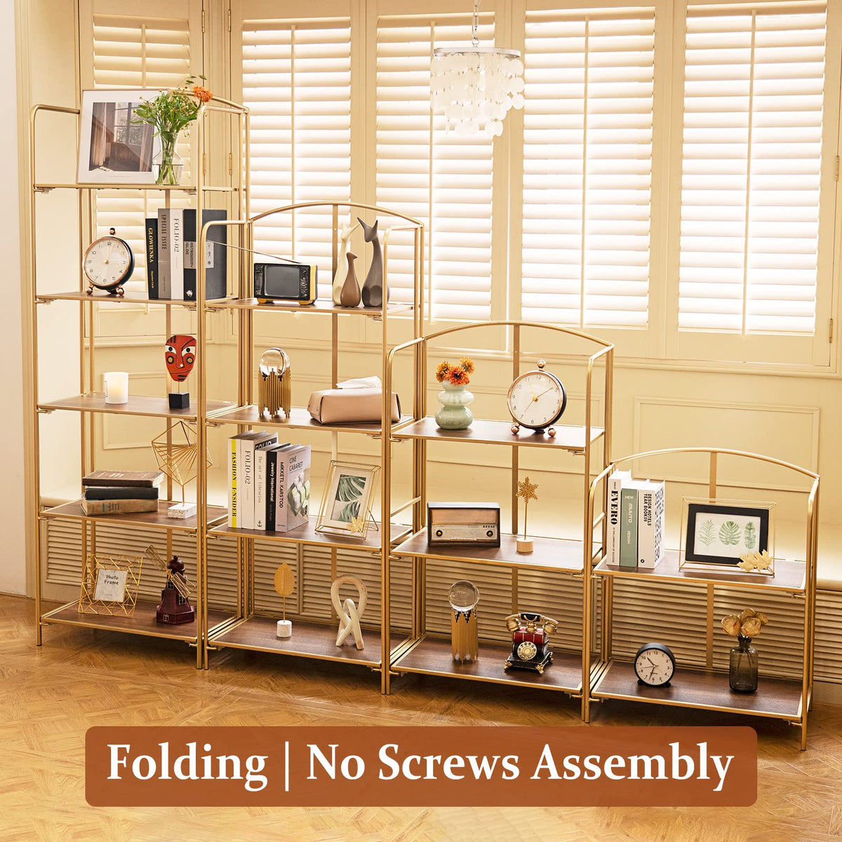 Crofy No Assembly Folding Bookshelf for Living Room, 4 Tier Gold Collapsible Book Shelf for Home Office, Portable Bookcase Storage Organizer