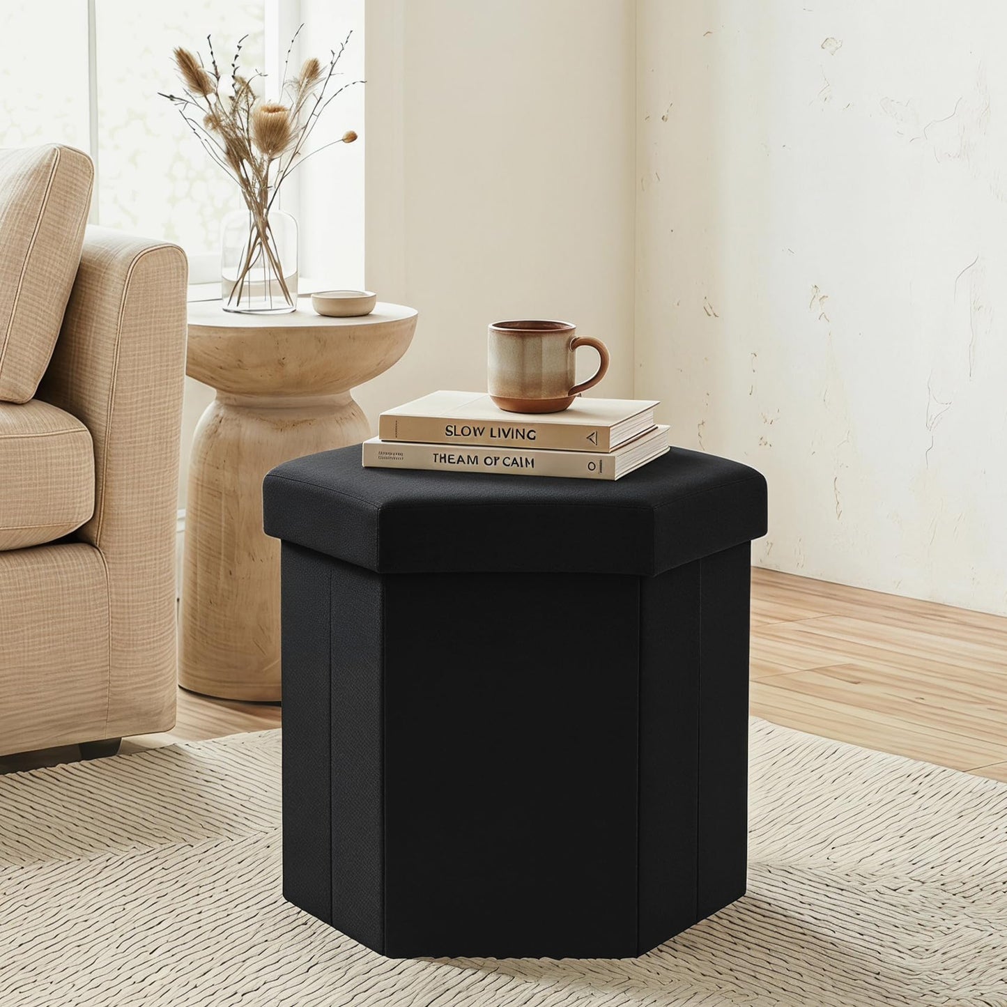 ZOLANOful Hexagon Storage Ottoman, Foldable Linen Footrest with Hidden Storage, Upholstered Ottoman Footstool for Living Room, Bedroom, Dorm, Entryway, 15 x 16.9 x 15 Inches, Black