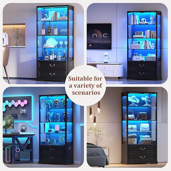 FREDEES Display Cabinet with Glass Doors, Tall Bookcase with 3 Color Lights and