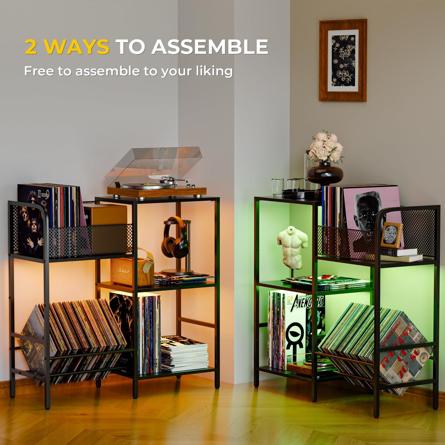 Nidouillet Record Player Stand with LED Light, Turntable Stand with Vinyl Storage for 300+ Albums, 3-Tier Media Cabinet with Adjustable Shelf, Mesh Fences & V-Shaped Holder, for Living Room & Bedroom