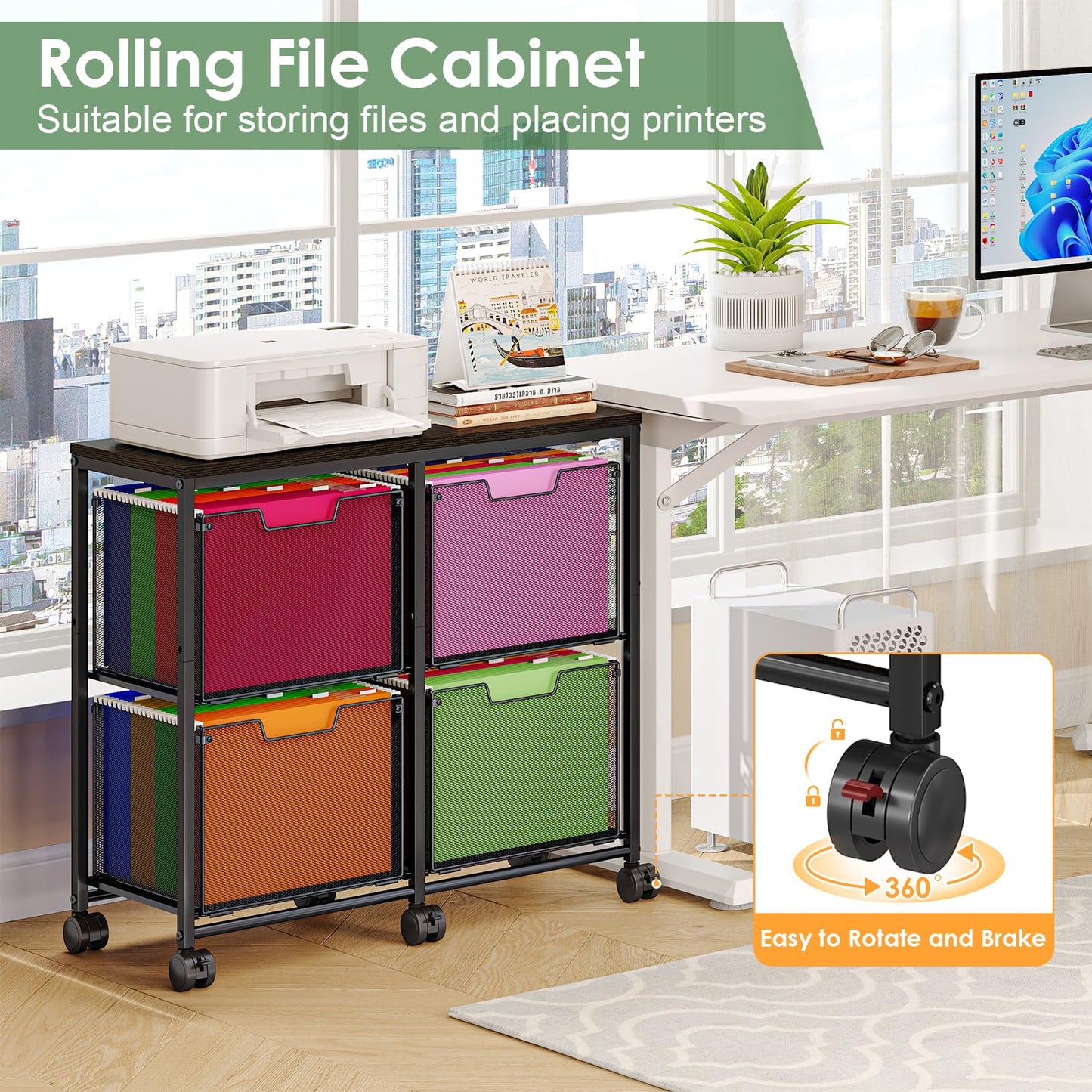 Sbanmao 4 Drawer Lateral File Cabinet, Mobile Filing Cabinet, Printer Stand with Wheels Under Desk Storage Office Storage Cabinet Fits Letter Size for Home Office, Black